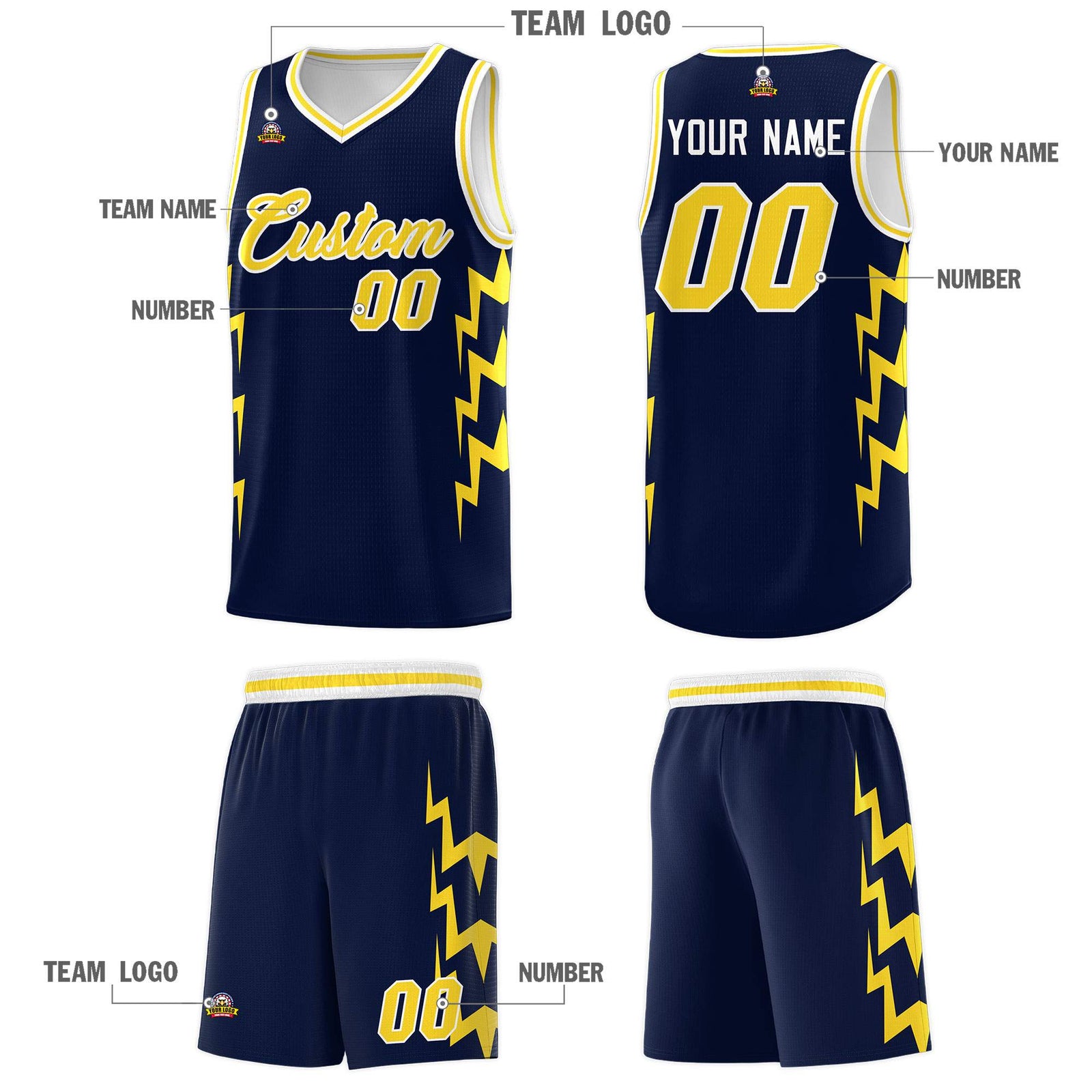 Custom Navy Side Lightning Pattern Sports Uniform Basketball Jersey