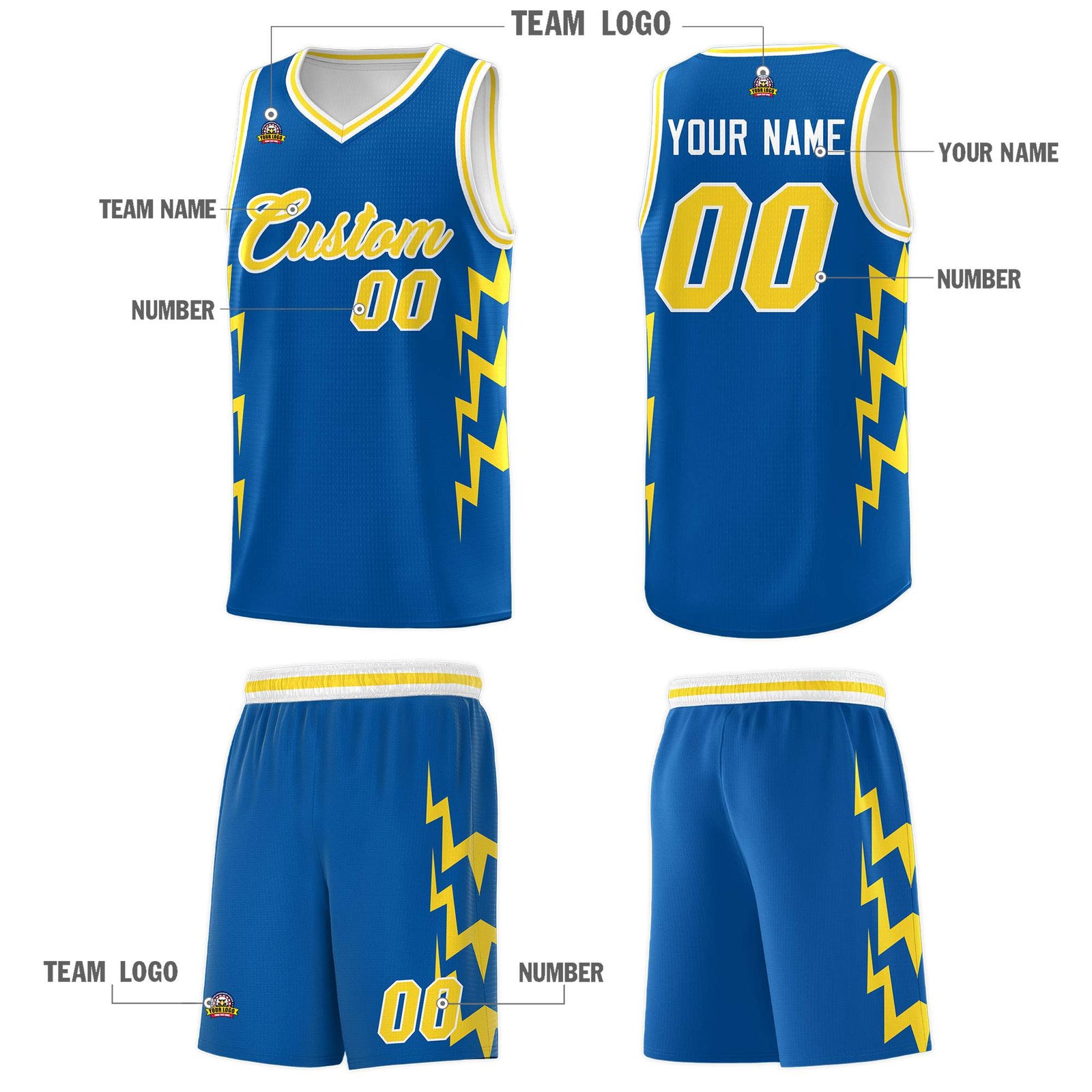 Custom Royal Side Lightning Pattern Sports Uniform Basketball Jersey