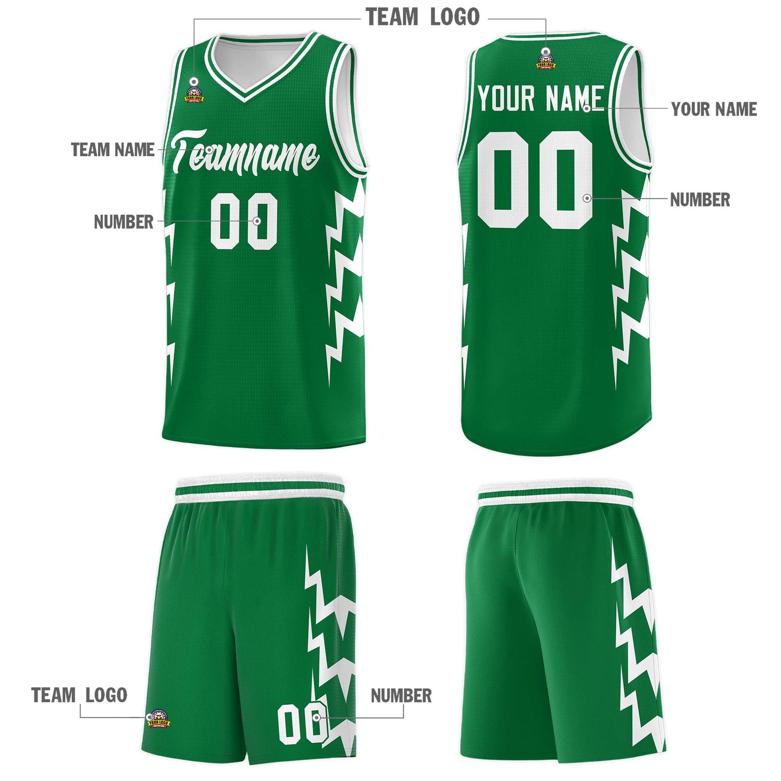 Custom Kelly Green Side Lightning Pattern Sports Uniform Basketball Jersey