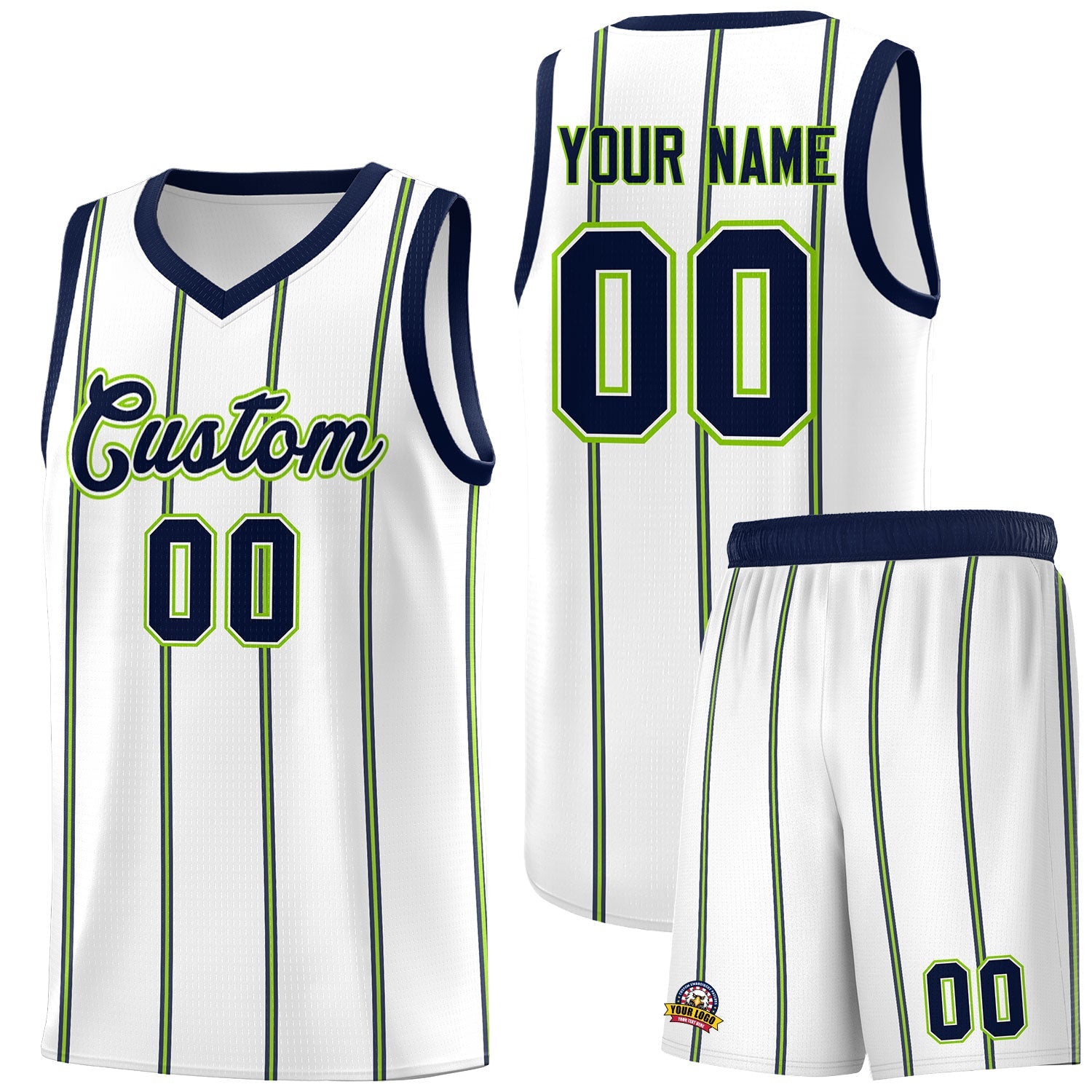 Custom White Navy Neon Green Vertical Stripes Single Sided Sets Basketball Jersey | For Men,Stitched,Perfect for Training,Add Name and Numbern | KXKSHOP