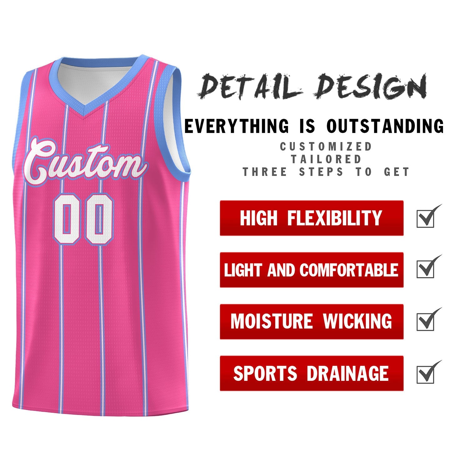 Custom Pink Light Blue White Vertical Stripes Single Sided Sets Basketball Jersey | For Men,Stitched,Perfect for Training,Add Name and Numbern | KXKSHOP