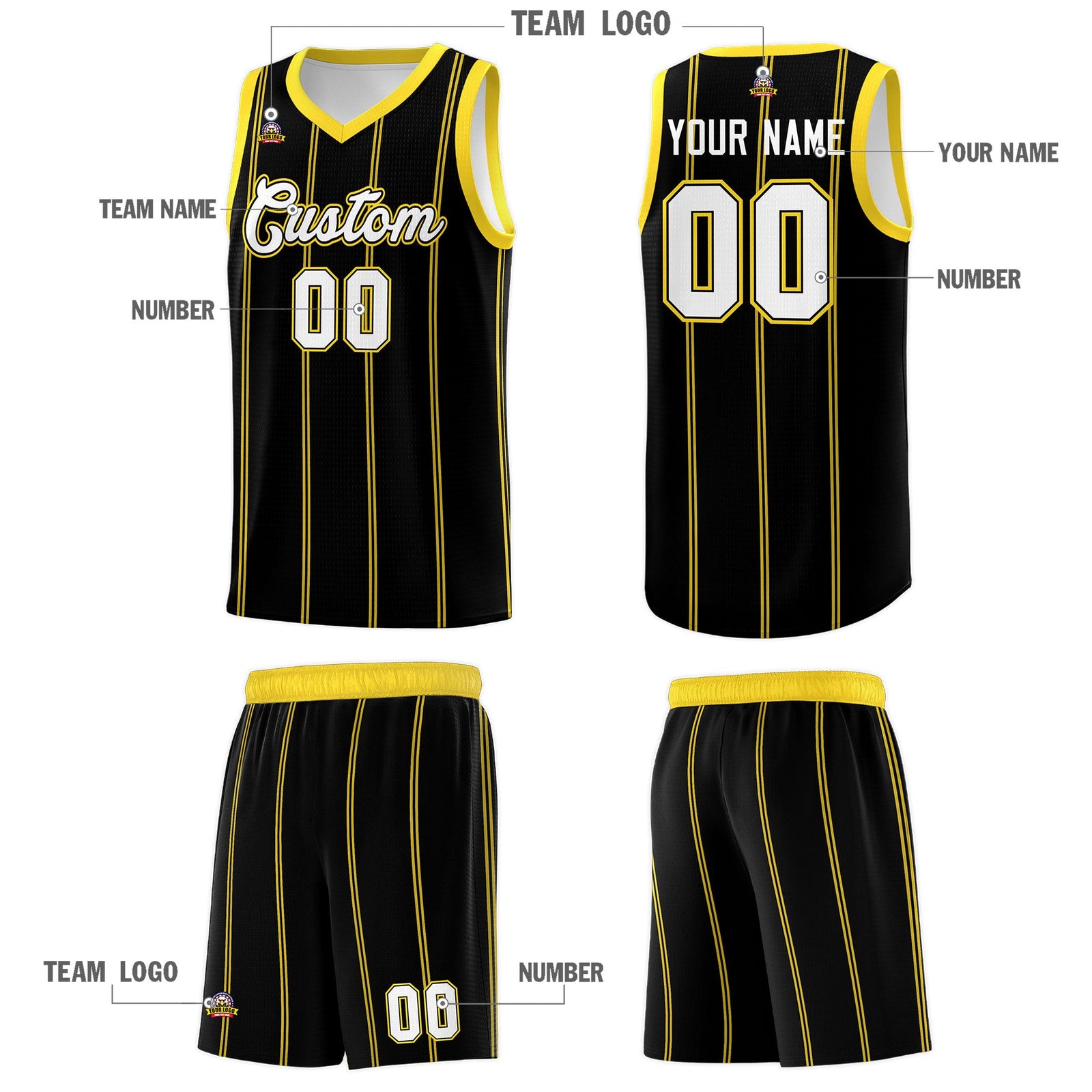 Custom Black Gold White Vertical Stripes Single Sided Sets Basketball Jersey | For Men,Stitched,Perfect for Training,Add Name and Numbern | KXKSHOP
