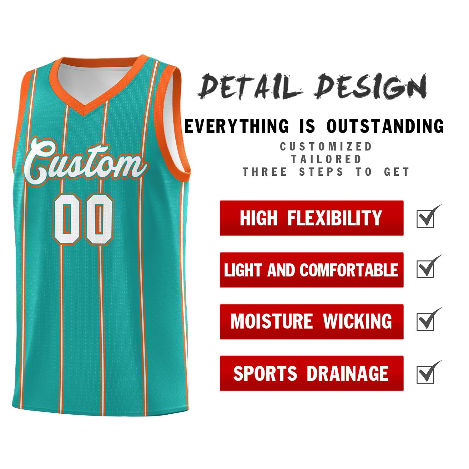 Custom Aqua Orange White Vertical Stripes Single Sided Sets Basketball Jersey | For Men,Stitched,Perfect for Training,Add Name and Numbern | KXKSHOP