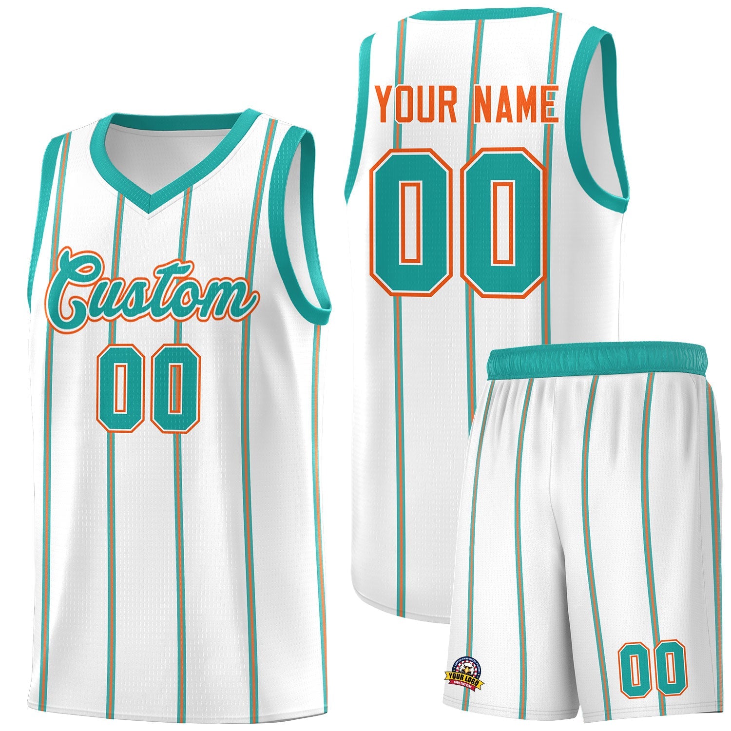 Custom White Aqua Orange Vertical Stripes Single Sided Sets Basketball Jersey | For Men,Stitched,Perfect for Training,Add Name and Numbern | KXKSHOP