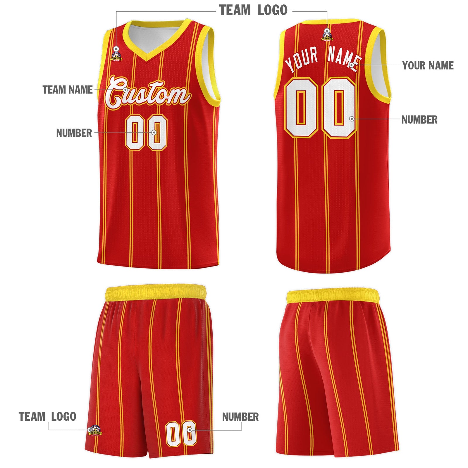 Custom Red Gold White Vertical Stripes Single Sided Sets Basketball Jersey | For Men,Stitched,Perfect for Training,Add Name and Numbern | KXKSHOP