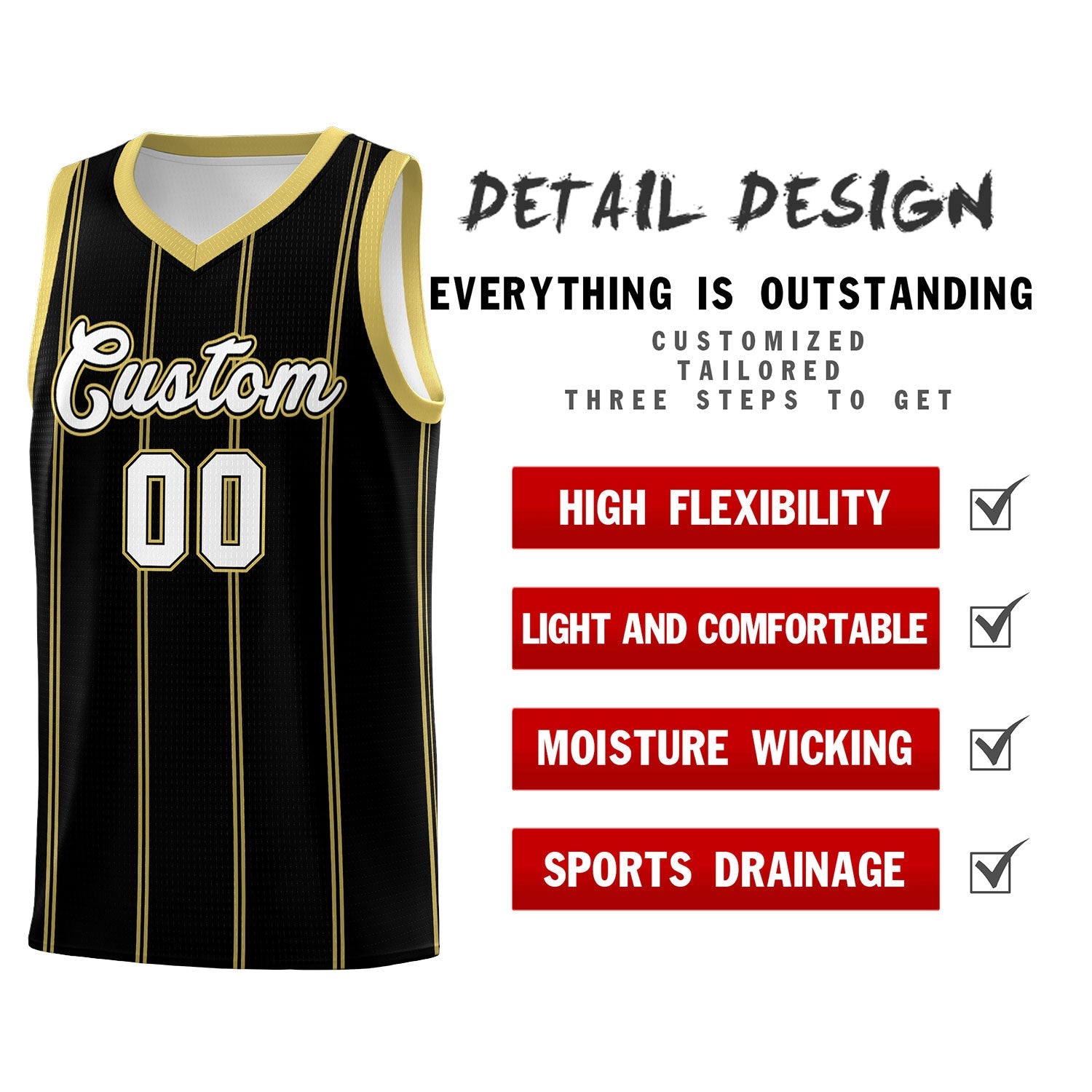 Custom Black Old Gold White Vertical Stripes Single Sided Sets Basketball Jersey | For Men,Stitched,Perfect for Training,Add Name and Numbern | KXKSHOP