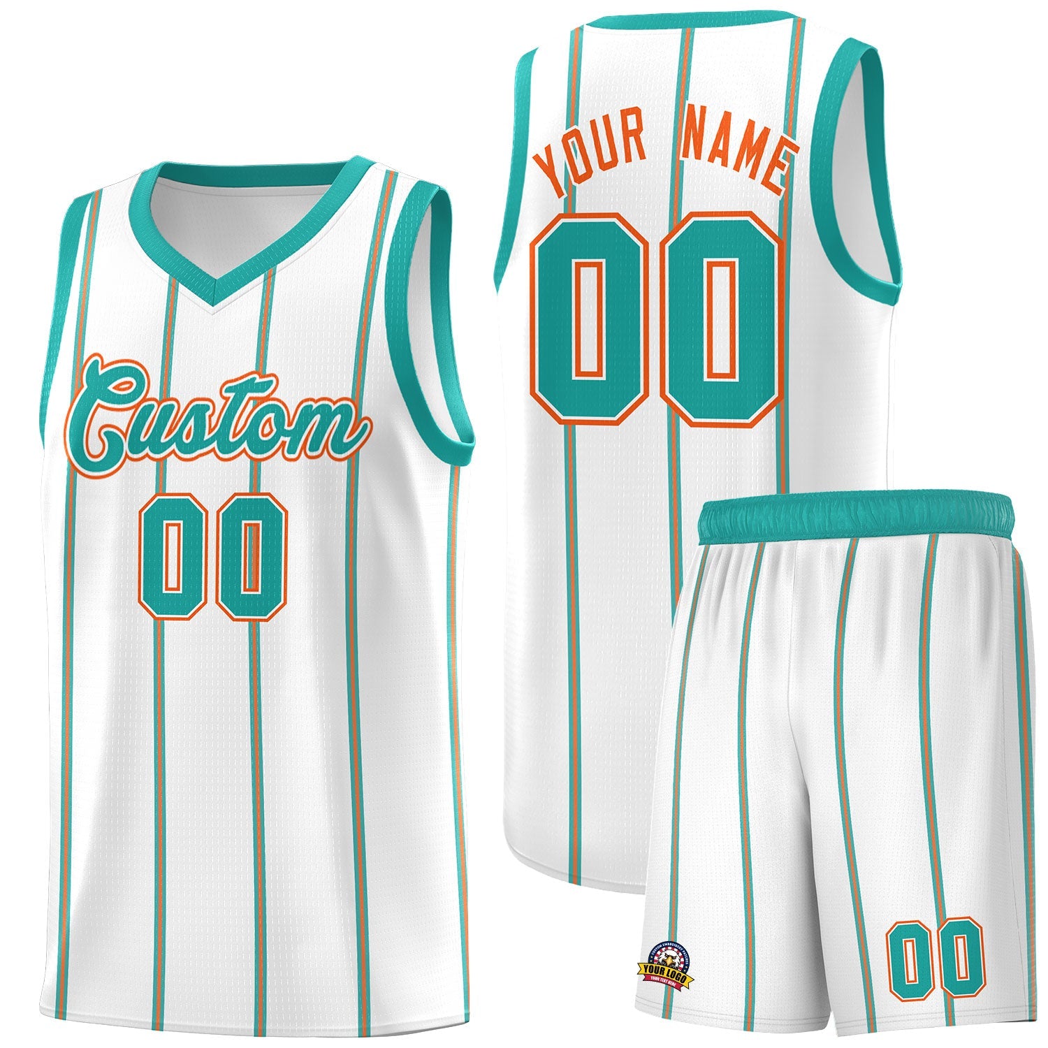 Custom White Aqua Orange Vertical Stripes Single Sided Sets Basketball Jersey | For Men,Stitched,Perfect for Training,Add Name and Numbern | KXKSHOP