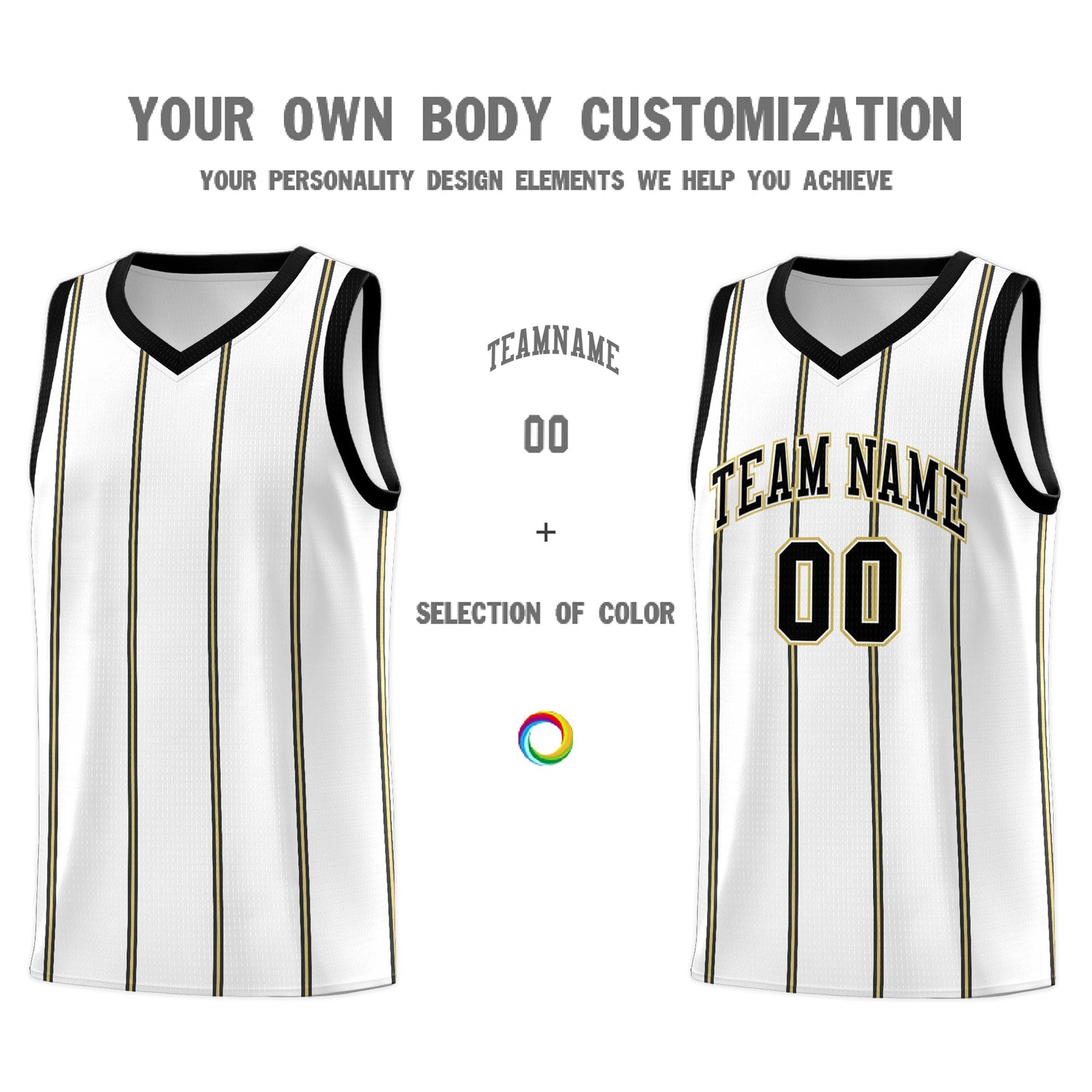 Custom White Black Old Gold Vertical Stripes Single Sided Sets Basketball Jersey | For Men,Stitched,Perfect for Training,Add Name and Numbern | KXKSHOP