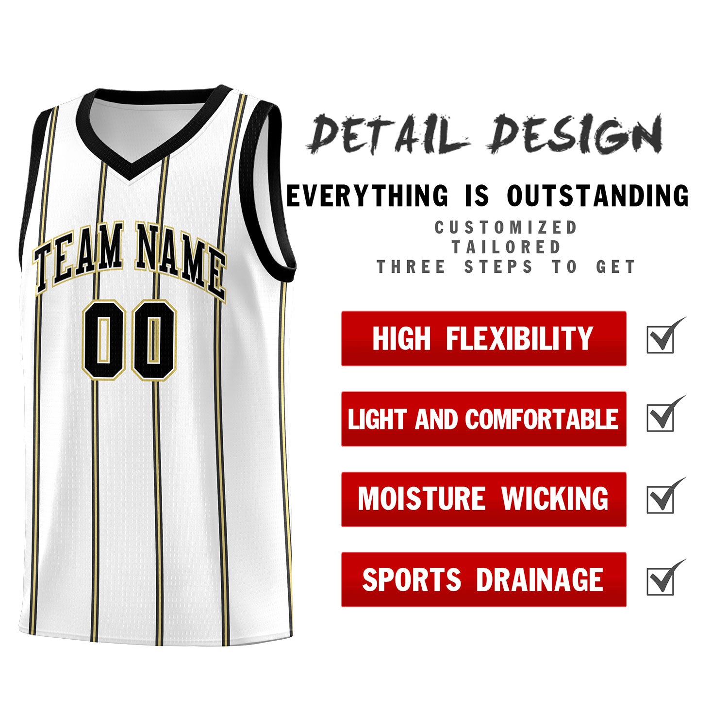 Custom White Black Old Gold Vertical Stripes Single Sided Sets Basketball Jersey | For Men,Stitched,Perfect for Training,Add Name and Numbern | KXKSHOP