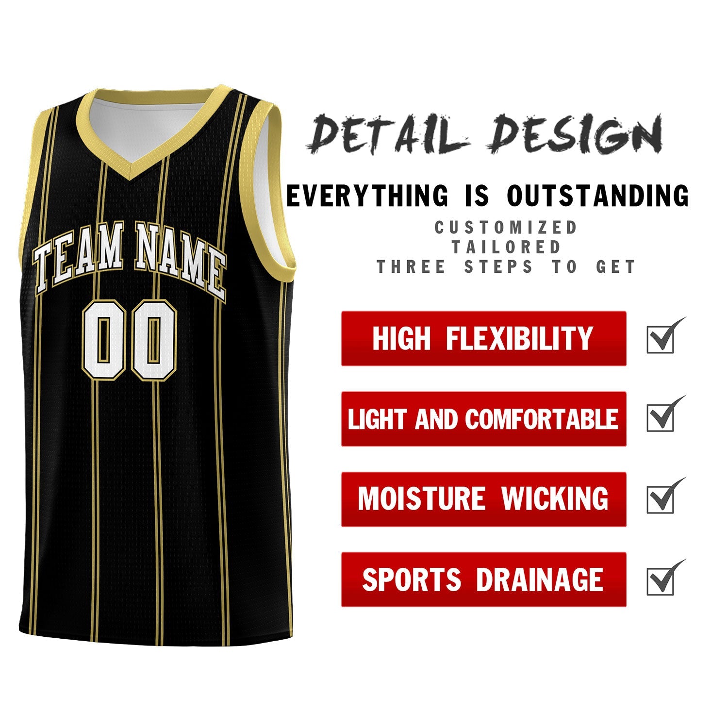 Custom Black Old Gold White Vertical Stripes Single Sided Sets Basketball Jersey | For Men,Stitched,Perfect for Training,Add Name and Numbern | KXKSHOP