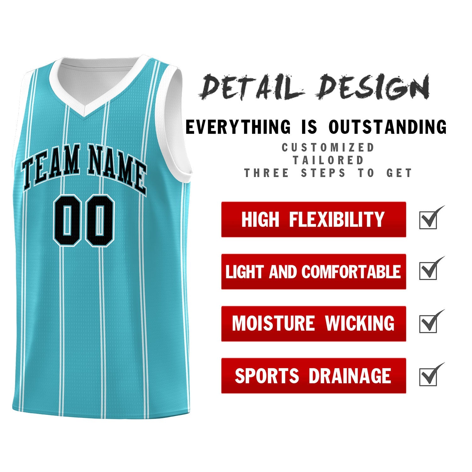 Custom Sky Blue White Black Vertical Stripes Single Sided Sets Basketball Jersey | For Men,Stitched,Perfect for Training,Add Name and Numbern | KXKSHOP