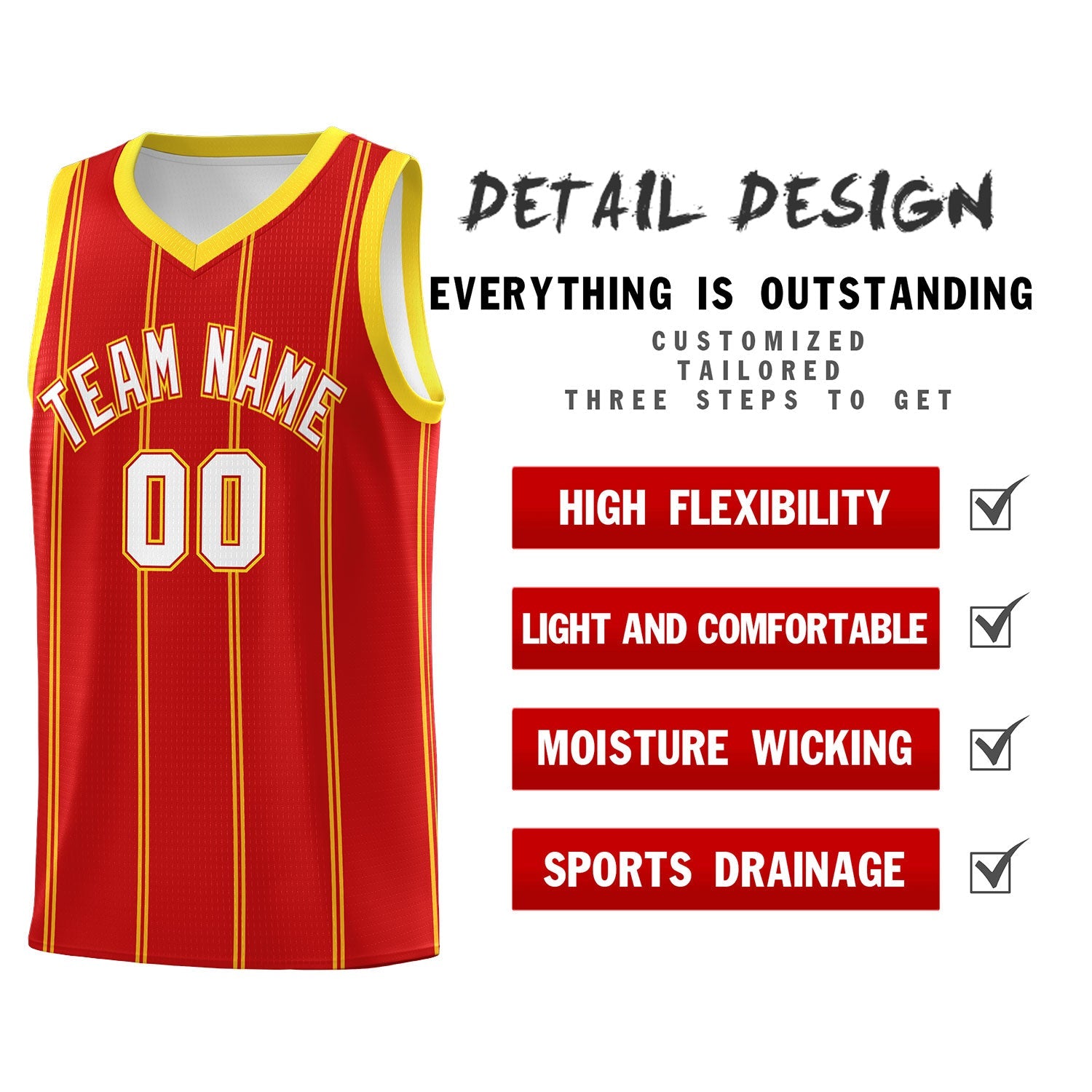 Custom Red Gold White Vertical Stripes Single Sided Sets Basketball Jersey | For Men,Stitched,Perfect for Training,Add Name and Numbern | KXKSHOP