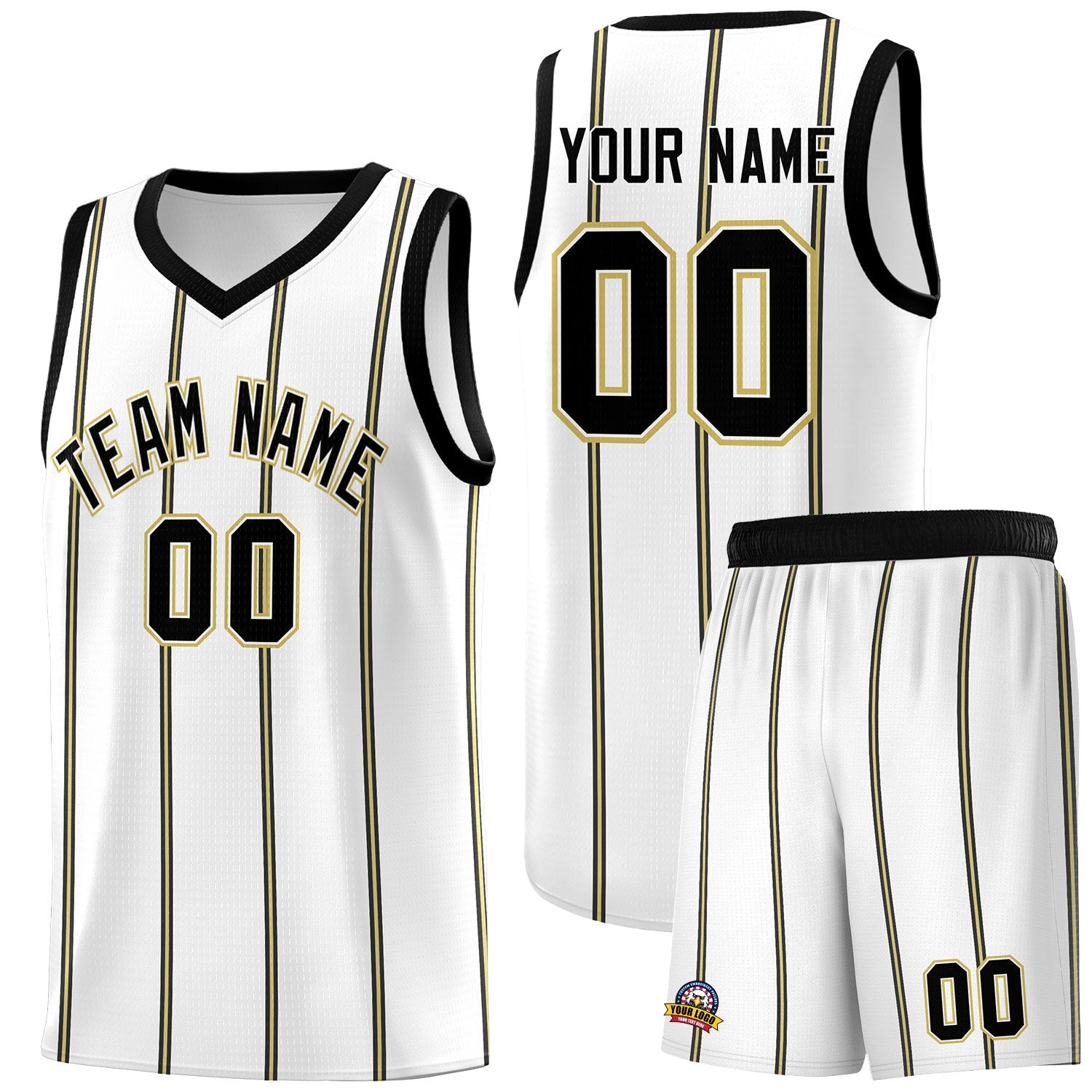 Custom White Black Old Gold Vertical Stripes Single Sided Sets Basketball Jersey | For Men,Stitched,Perfect for Training,Add Name and Numbern | KXKSHOP