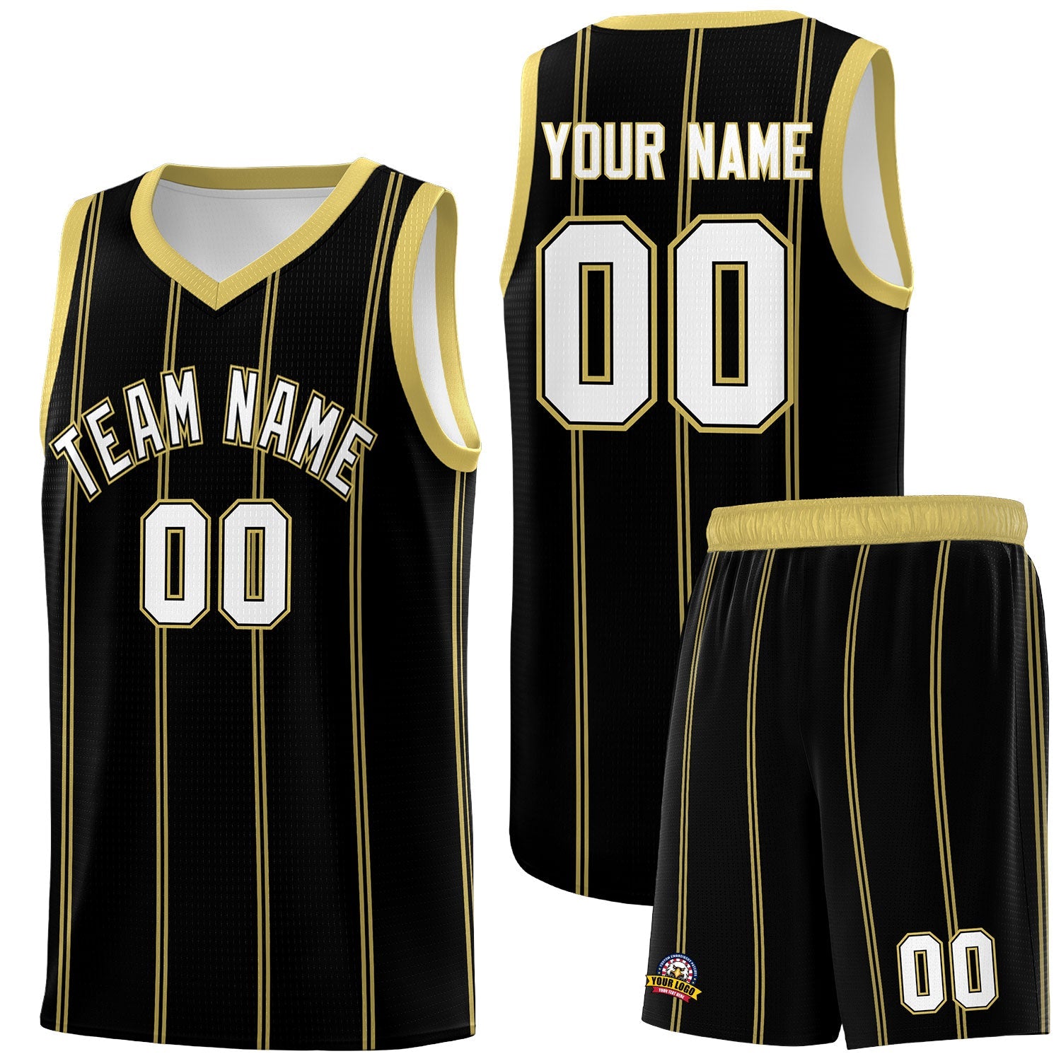 Custom Black Old Gold White Vertical Stripes Single Sided Sets Basketball Jersey | For Men,Stitched,Perfect for Training,Add Name and Numbern | KXKSHOP