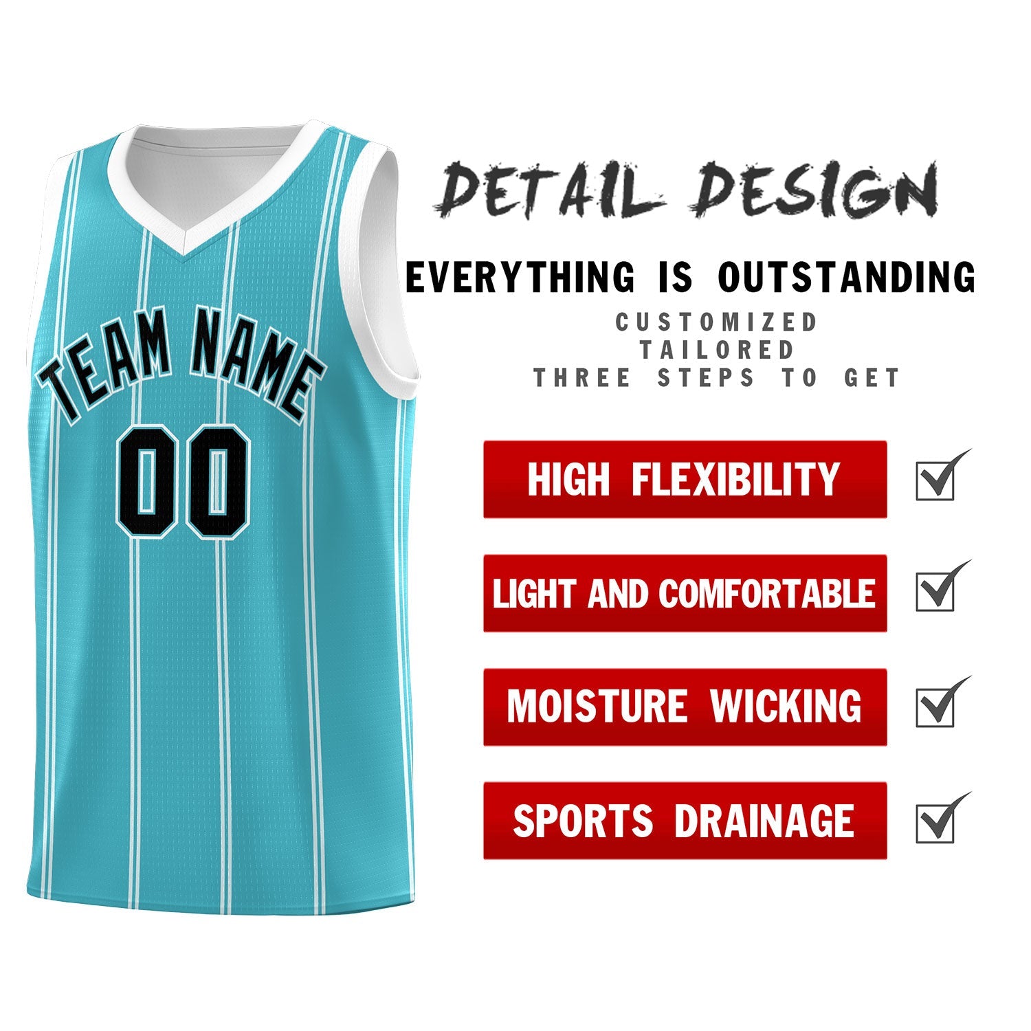 Custom Sky Blue White Black Vertical Stripes Single Sided Sets Basketball Jersey | For Men,Stitched,Perfect for Training,Add Name and Numbern | KXKSHOP