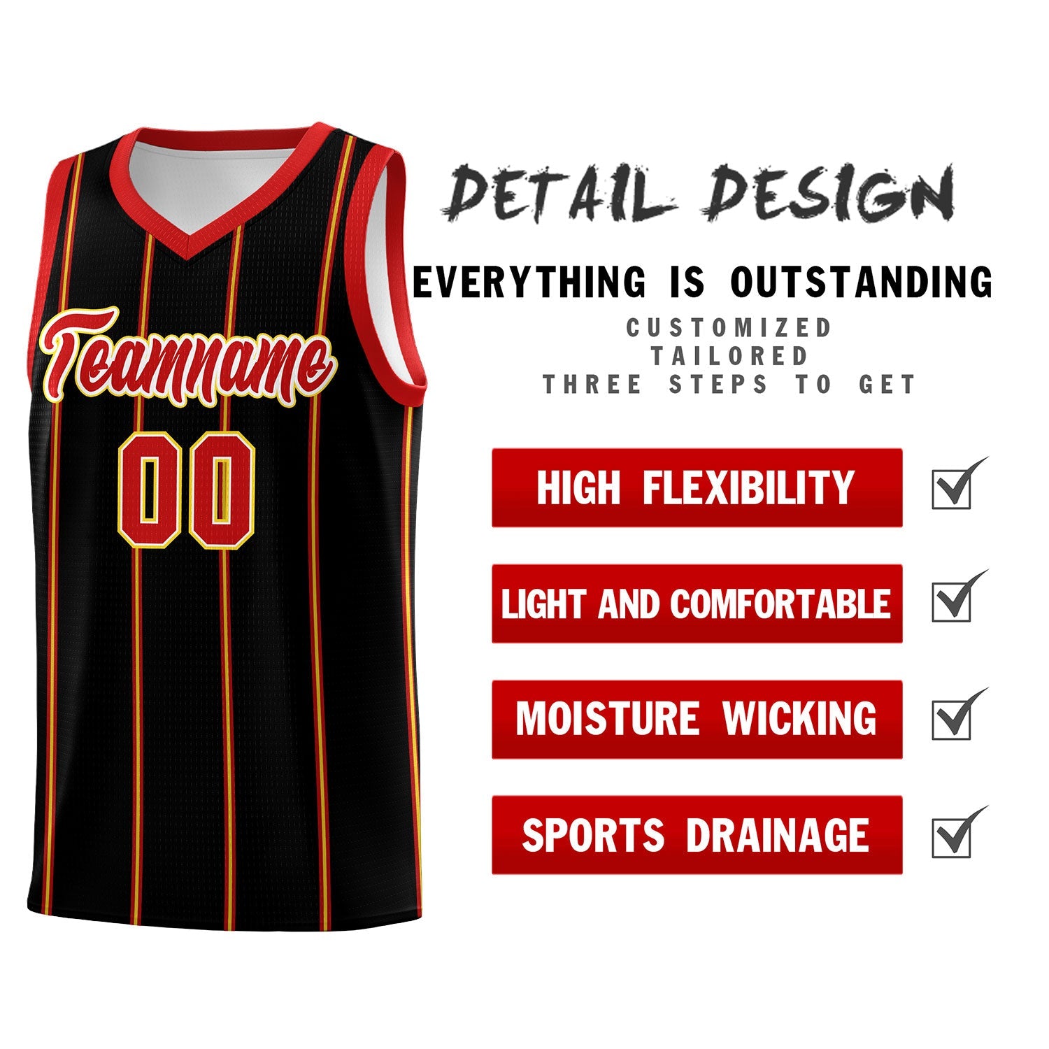 Custom Black Red White Gold Vertical Stripes Single Sided Sets Basketball Jersey | For Men,Stitched,Perfect for Training,Add Name and Numbern | KXKSHOP