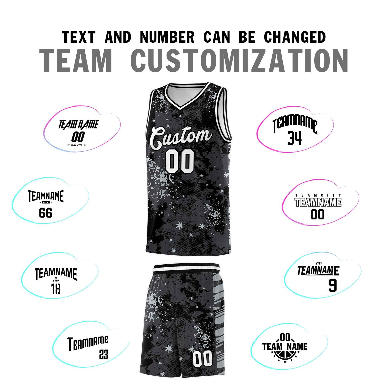 Custom Black Gray Vice Burst Galactic Graffiti Stretch Fabric Basketball Jersey