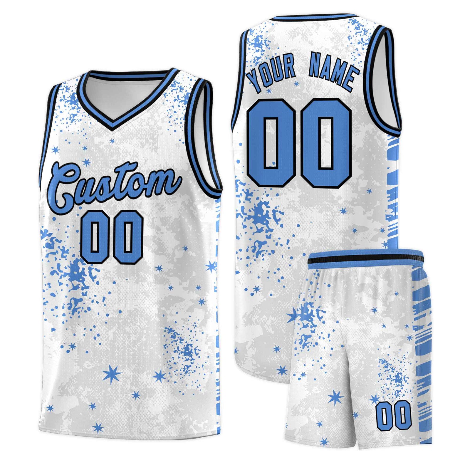 Custom White Powder Blue Vice Burst Galactic Graffiti Quick-Drying Basketball Jersey