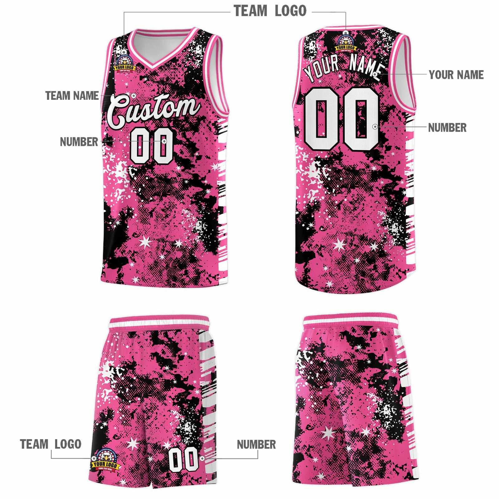 Custom Pink Black Vice Burst Galactic Graffiti Drapable Basketball Jersey