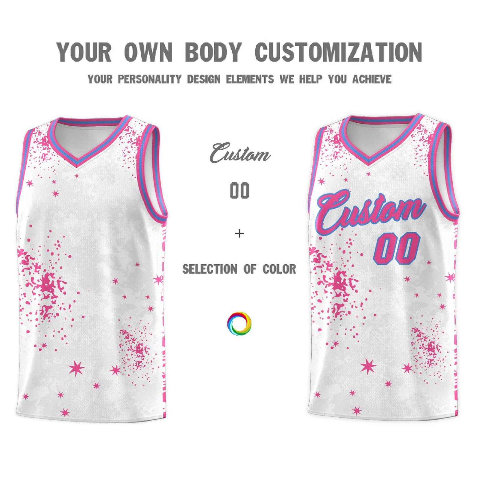Custom Pink Powder Blue Vice Burst Galactic Graffiti Sublimation Printing Basketball Jersey