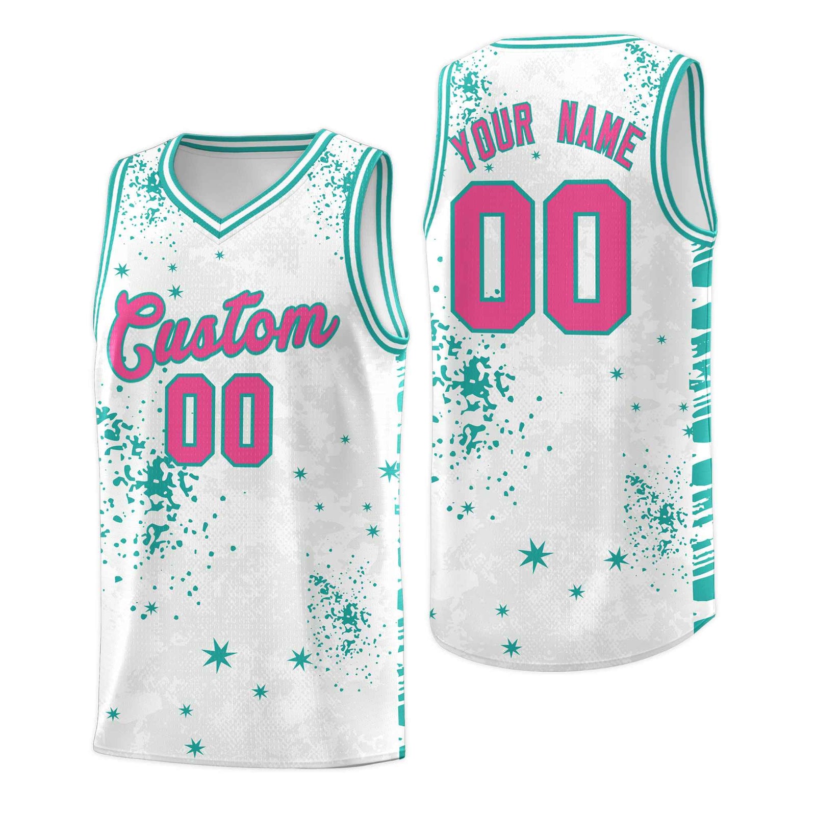 Custom White Aqua Vice Burst Galactic Graffiti Breathable Basketball Jersey