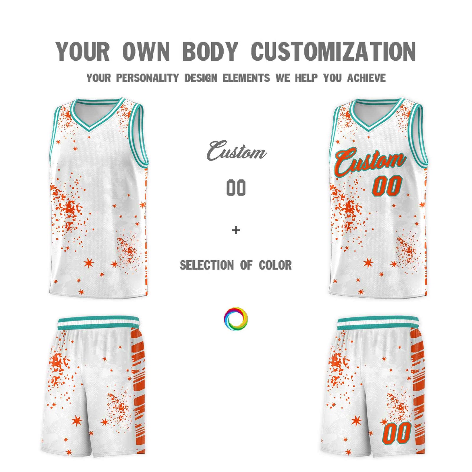 Custom Orange Aqua Vice Burst Galactic Graffiti Quick-Drying Basketball Jersey