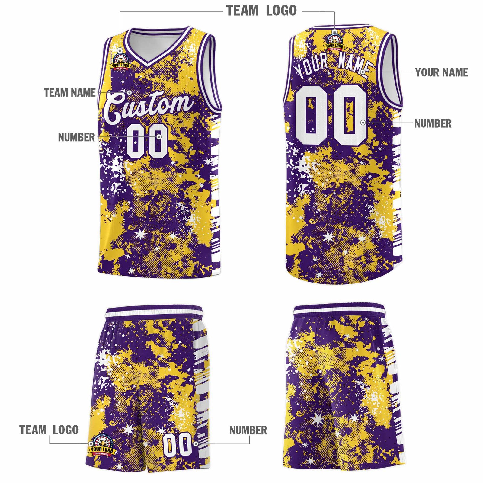 Custom Gold Purple Vice Burst Galactic Graffiti Sublimation Printing Basketball Jersey