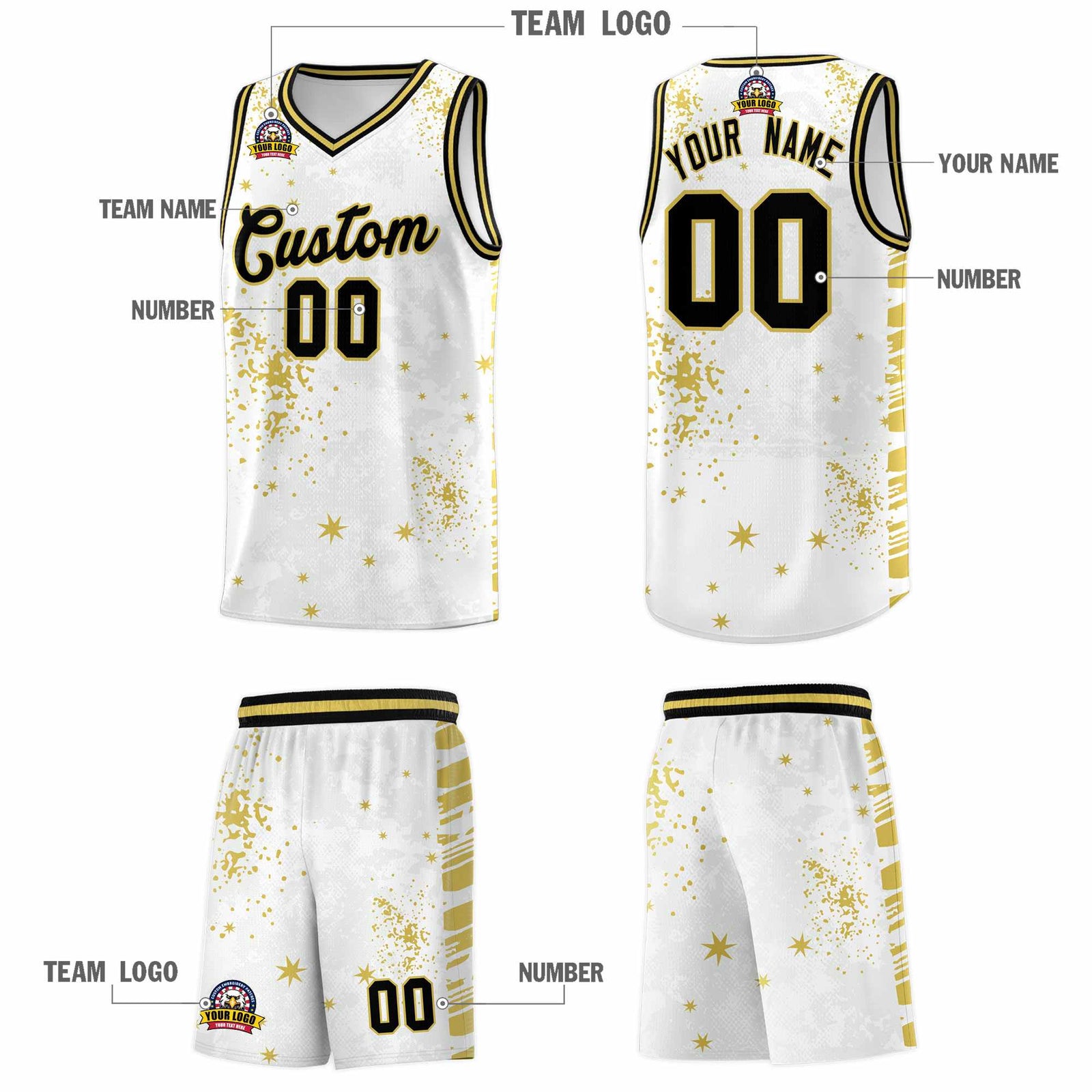 Custom White Old Gold Vice Burst Galactic Graffiti Quick-Drying Basketball Jersey