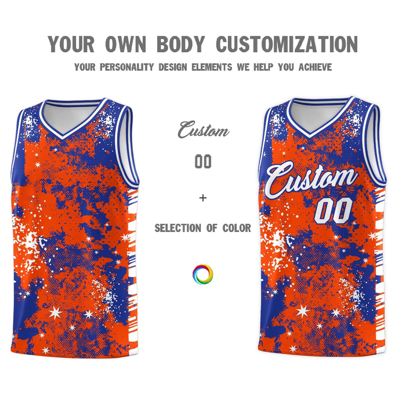 Custom Orange Royal Blue Vice Burst Galactic Graffiti Moisture-Wicking Basketball Jersey