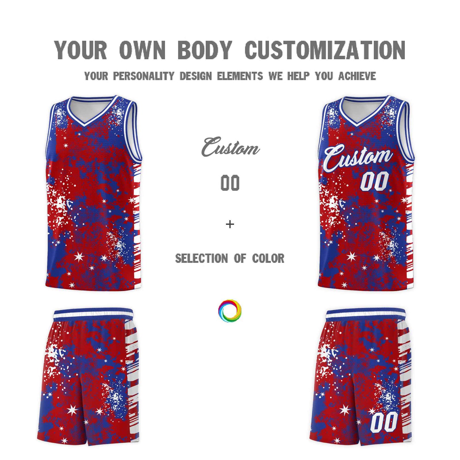 Custom Red Royal Blue Vice Burst Galactic Graffiti Wrinkle-Resistant Basketball Jersey