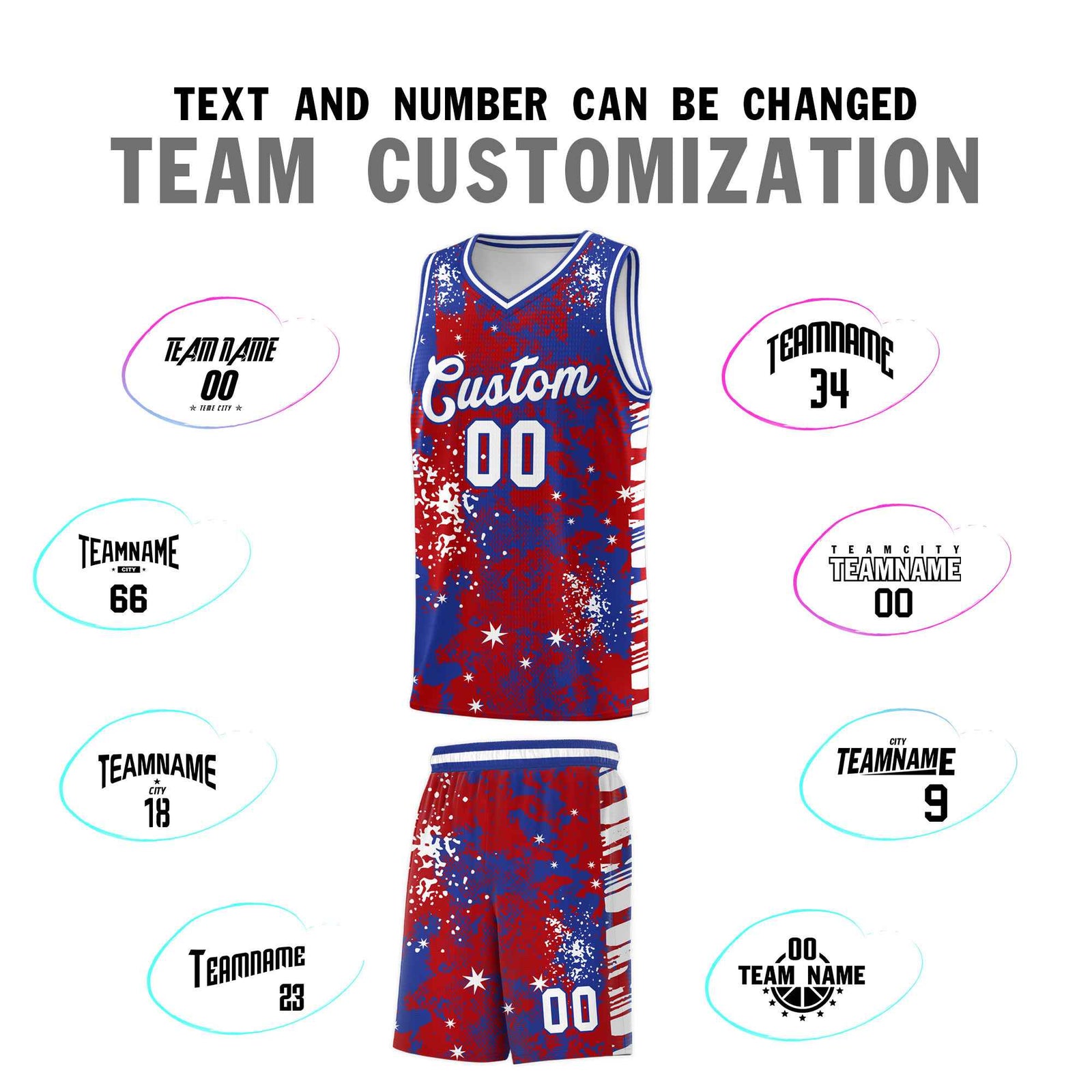 Custom Red Royal Blue Vice Burst Galactic Graffiti Wrinkle-Resistant Basketball Jersey