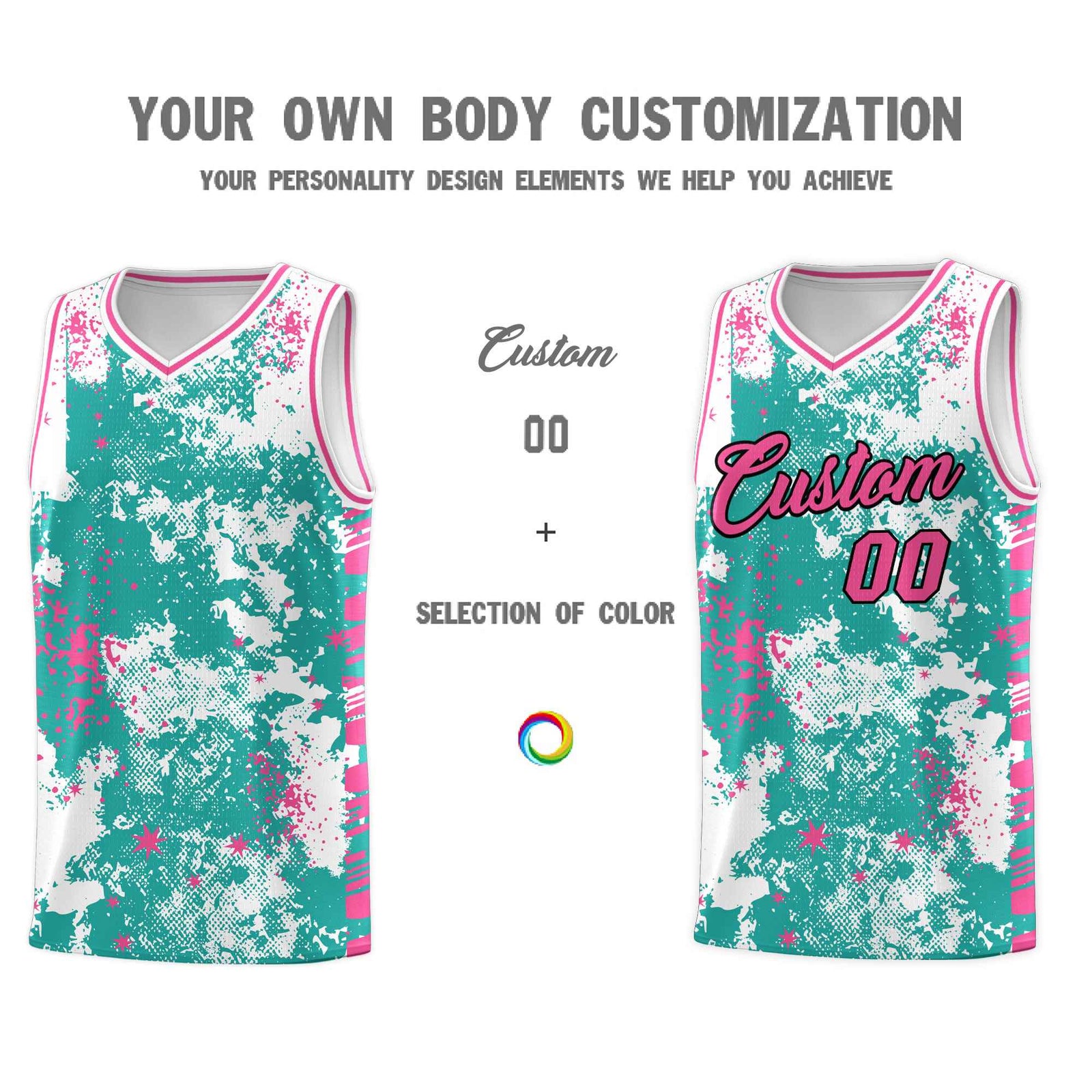 Custom Aqua Pink Vice Burst Galactic Graffiti Quick-Drying Basketball Jersey