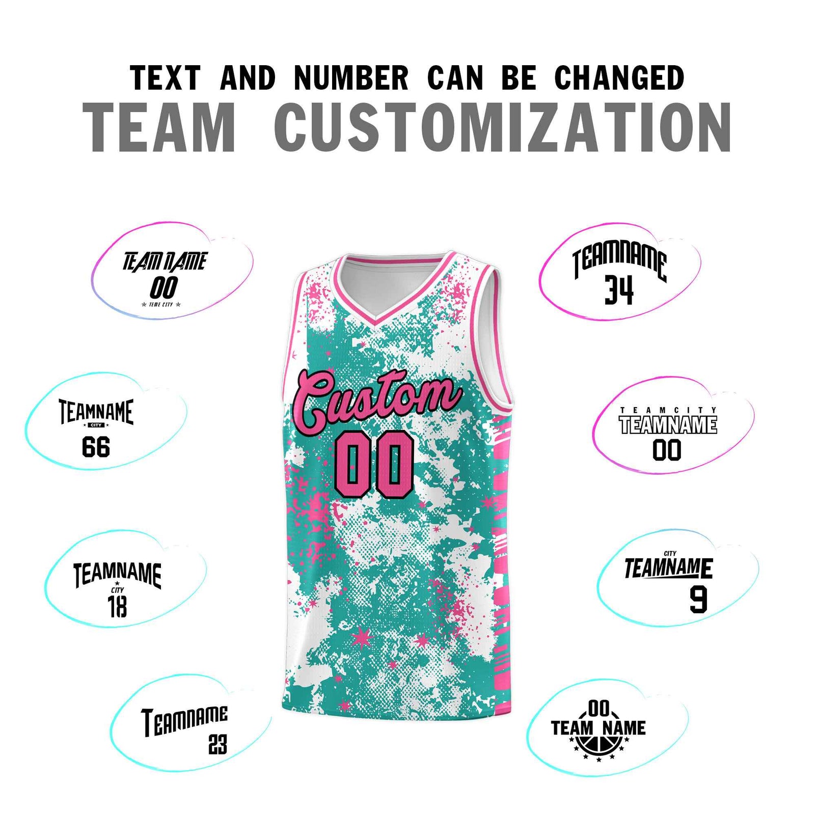 Custom Aqua Pink Vice Burst Galactic Graffiti Quick-Drying Basketball Jersey