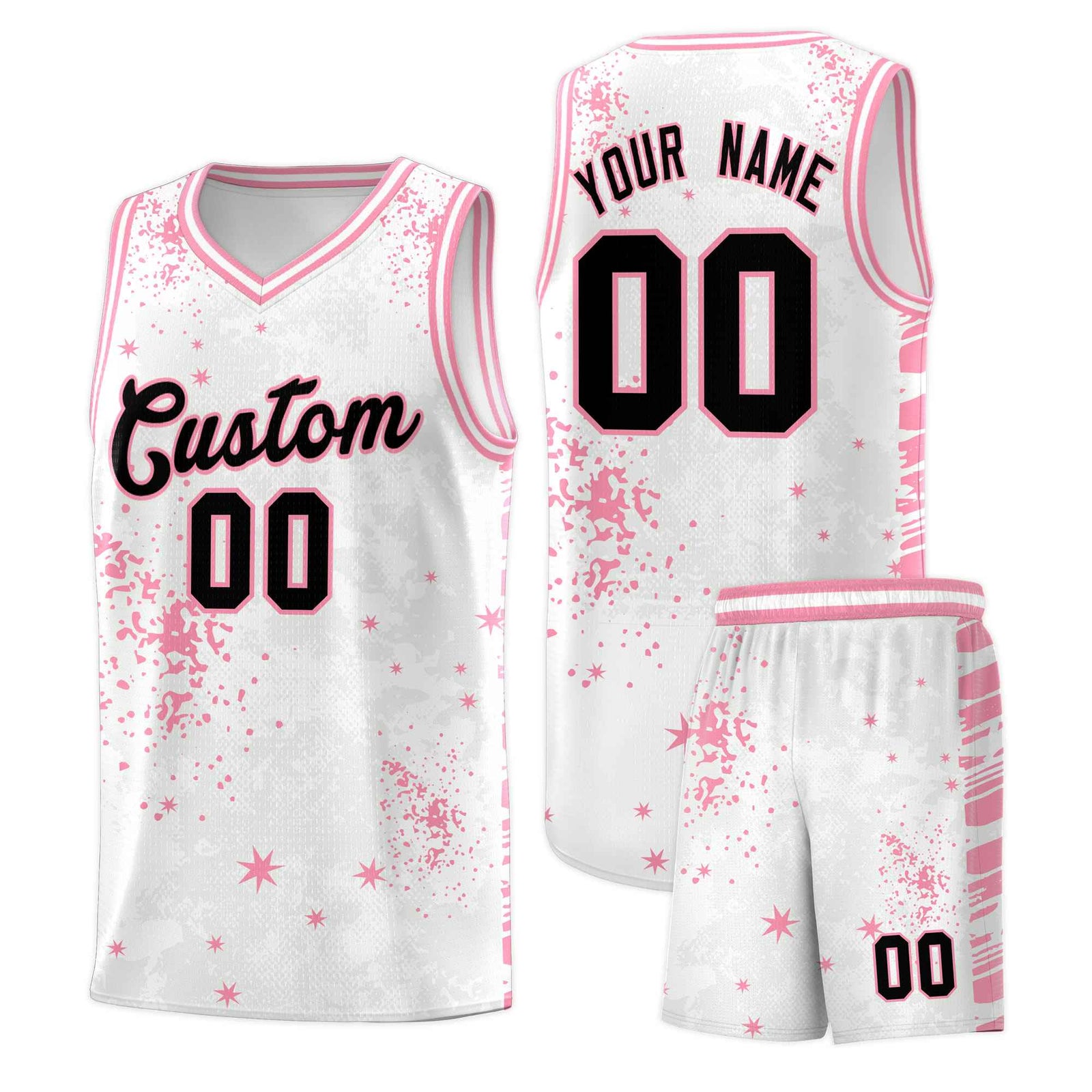 Custom White Light Pink Vice Burst Galactic Graffiti Drapable Basketball Jersey