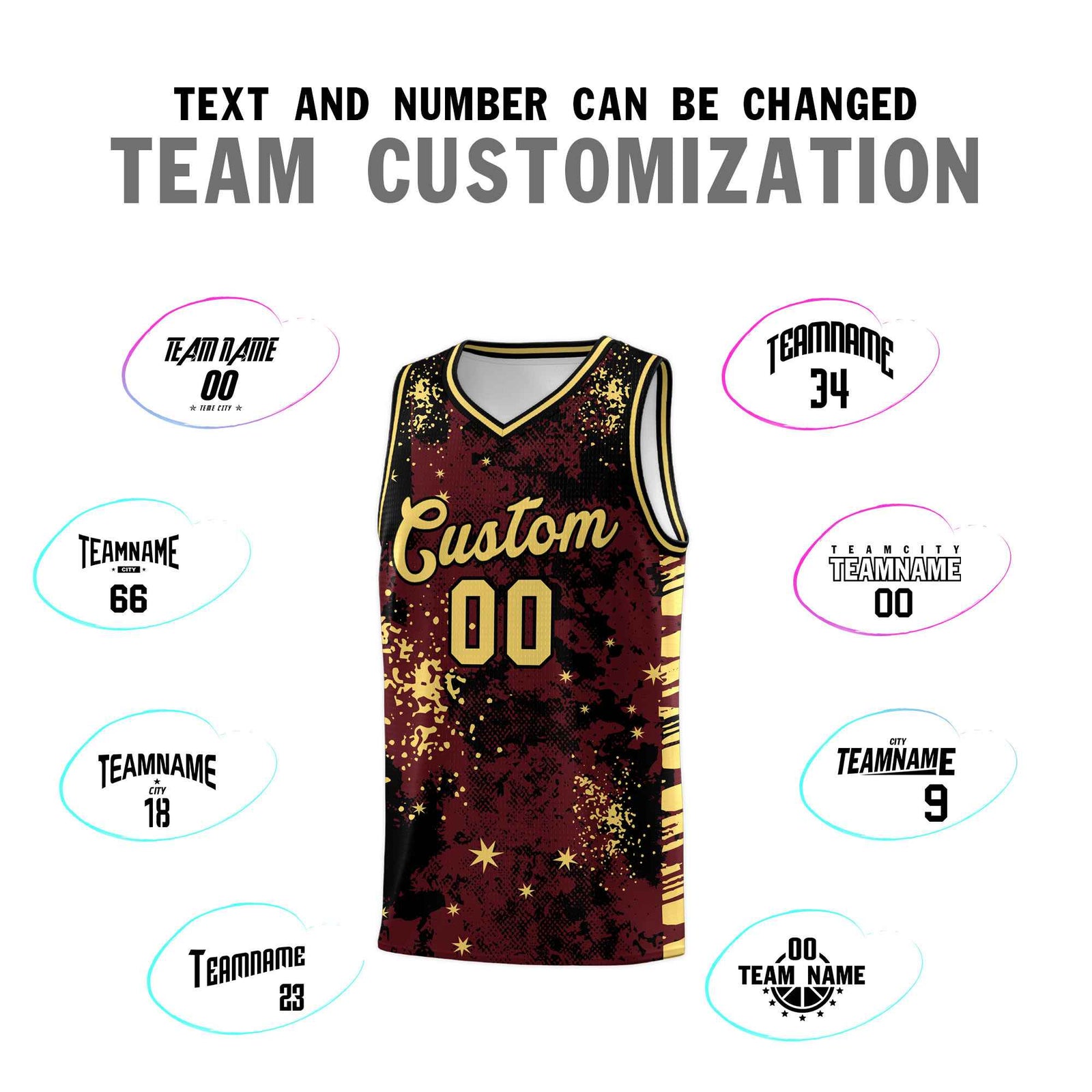 Custom Burgundy Black Vice Burst Galactic Graffiti Quick-Drying Basketball Jersey