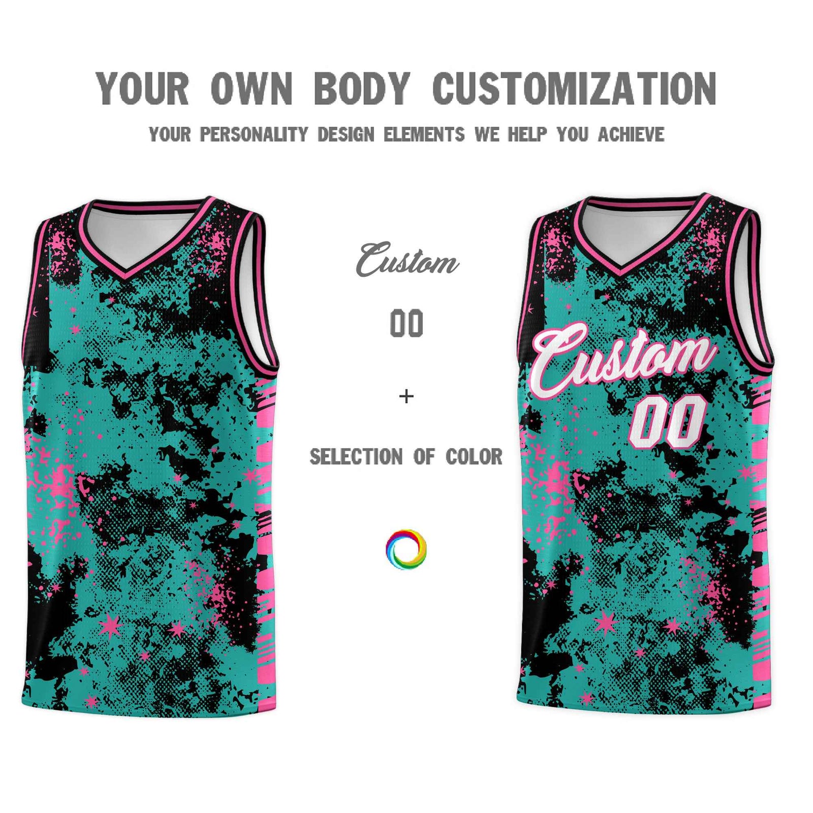 Custom Aqua Black Vice Burst Galactic Graffiti Drapable Basketball Jersey