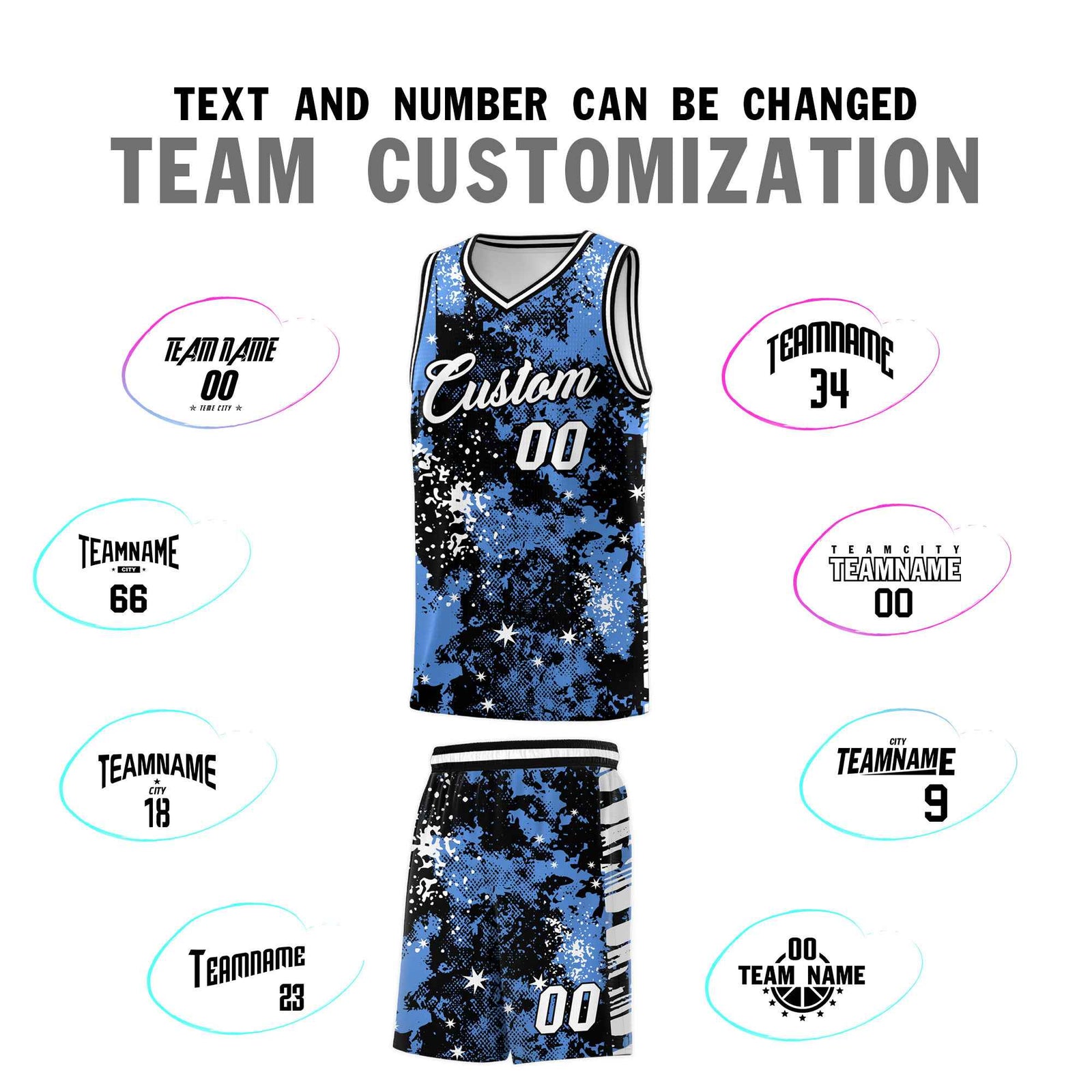 Custom Powder Blue Black Vice Burst Galactic Graffiti Lightweight Basketball Jersey