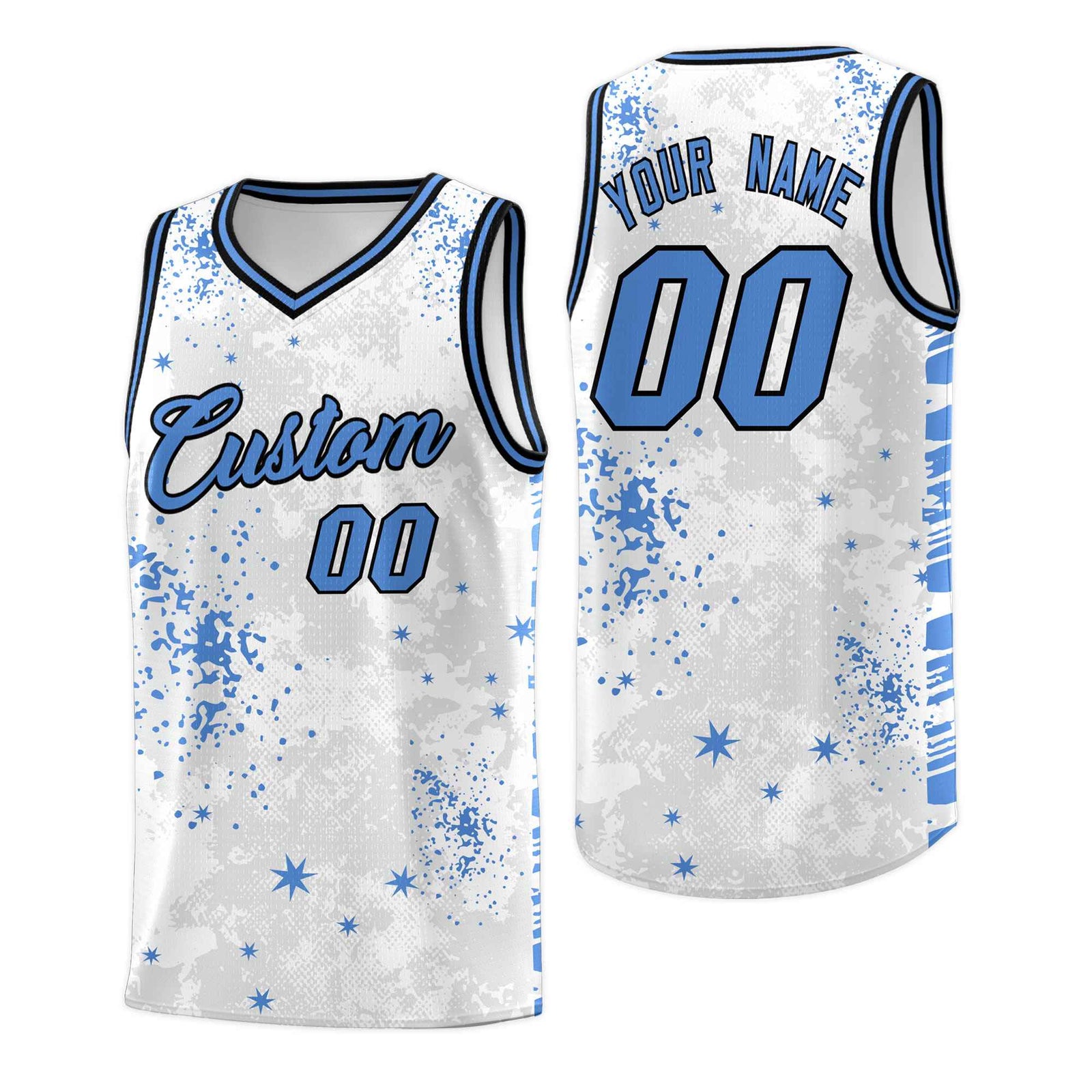 Custom White Powder Blue Vice Burst Galactic Graffiti Quick-Drying Basketball Jersey