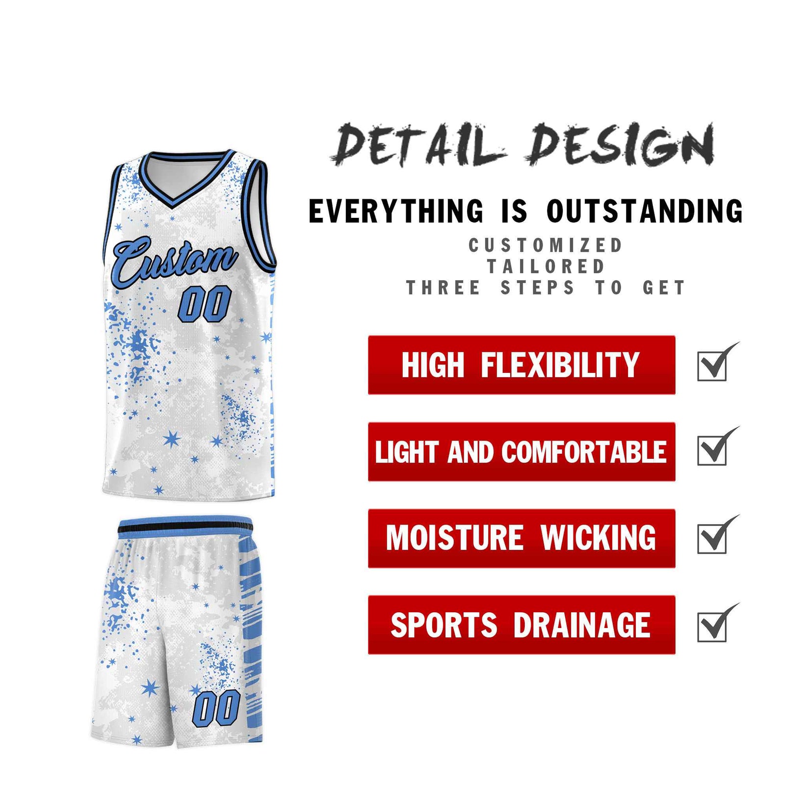 Custom White Powder Blue Vice Burst Galactic Graffiti Quick-Drying Basketball Jersey