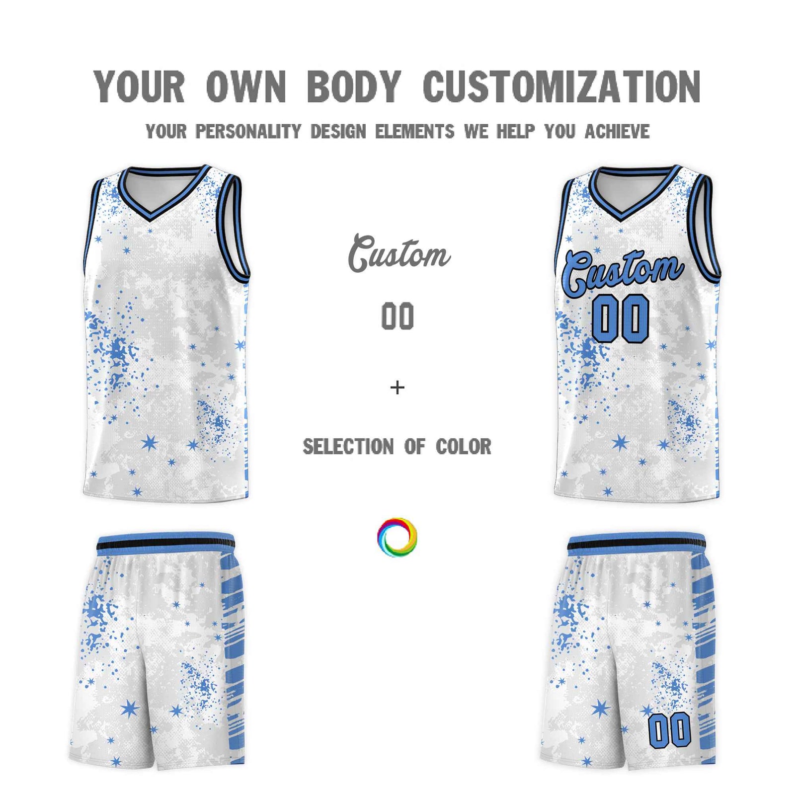Custom White Powder Blue Vice Burst Galactic Graffiti Quick-Drying Basketball Jersey