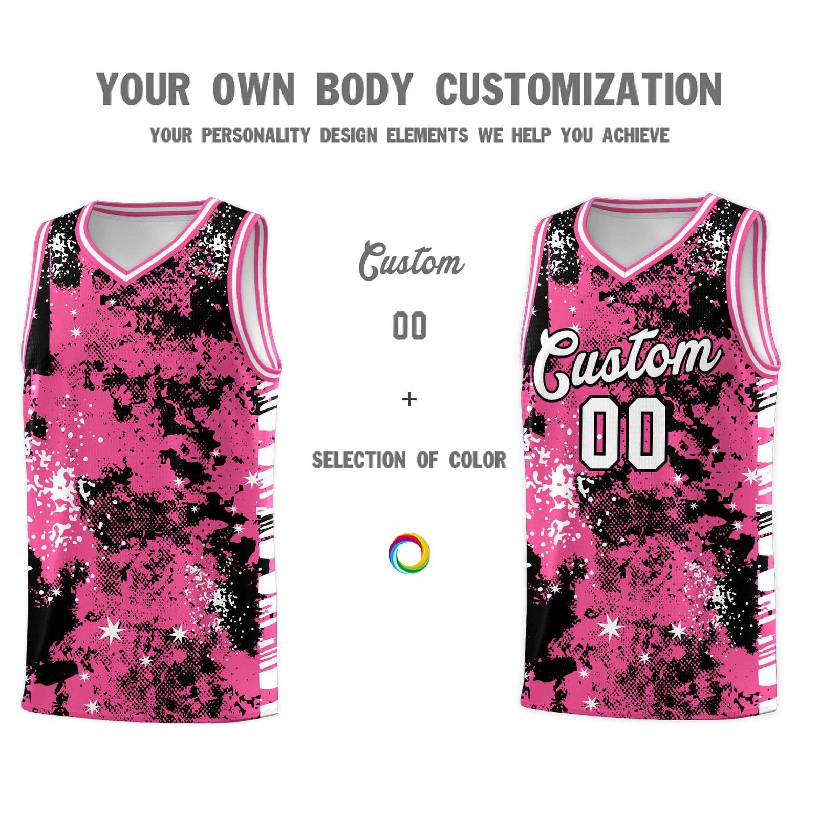 Custom Pink Black Vice Burst Galactic Graffiti Drapable Basketball Jersey