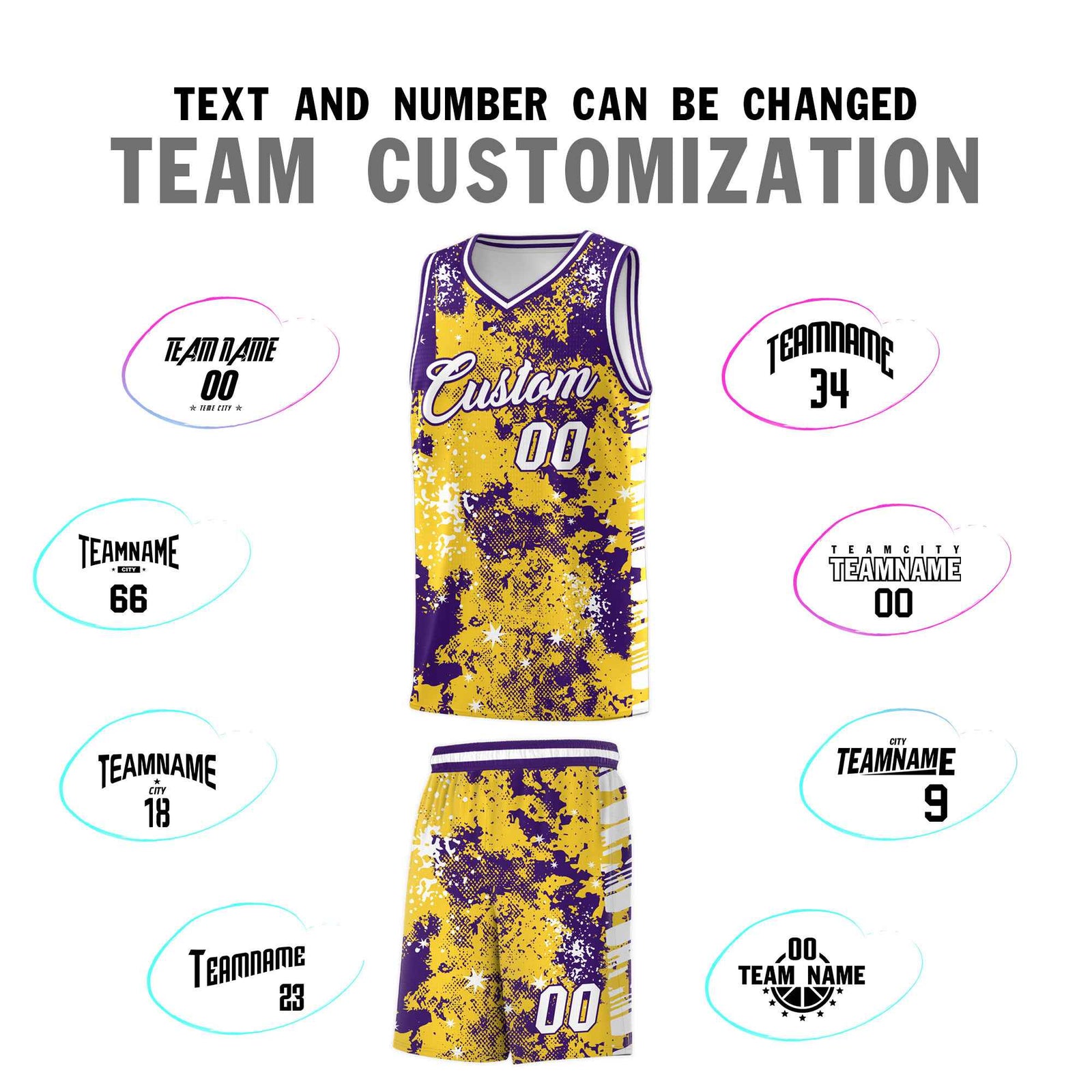 Custom Gold Purple Vice Burst Galactic Graffiti Drapable Basketball Jersey