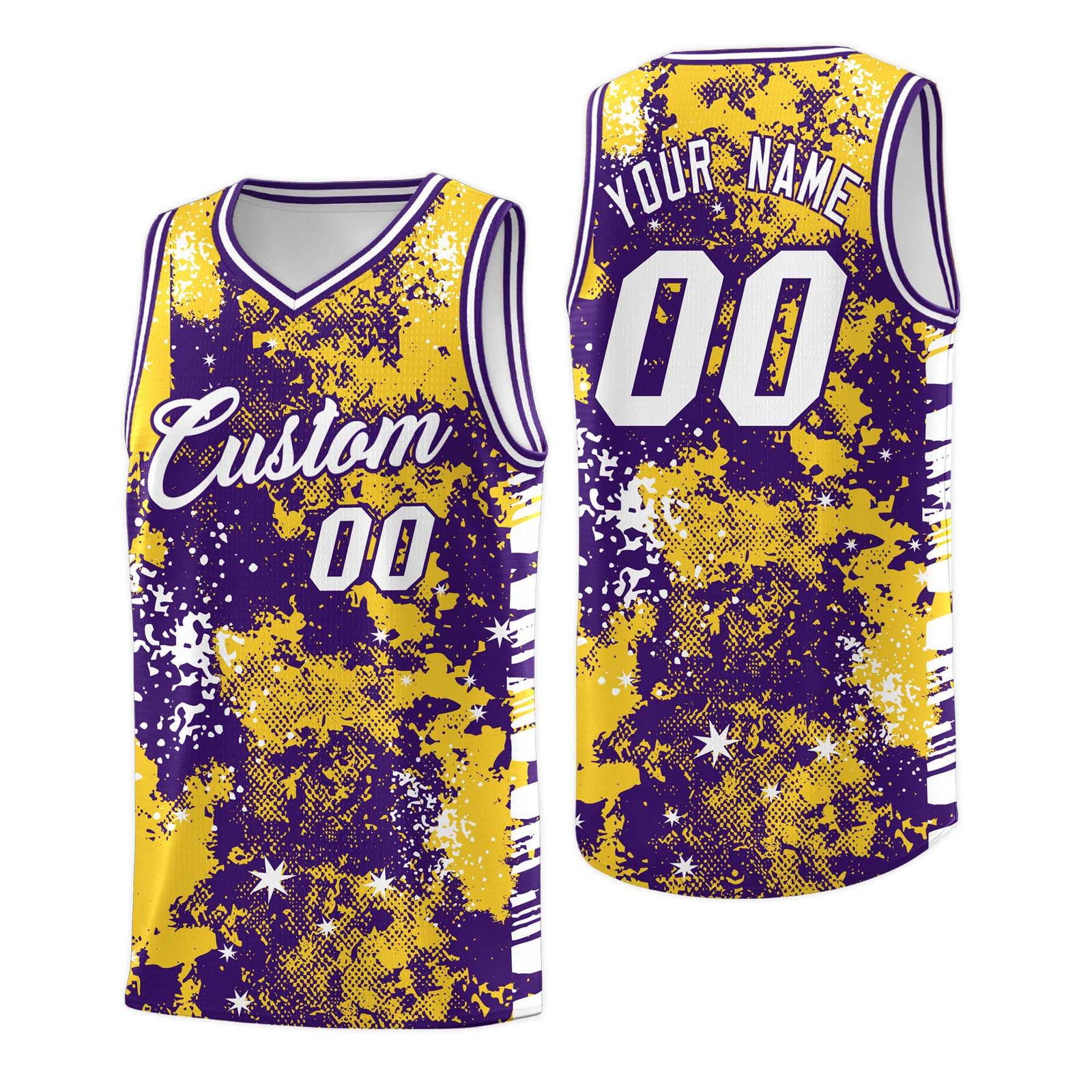 Custom Gold Purple Vice Burst Galactic Graffiti Sublimation Printing Basketball Jersey