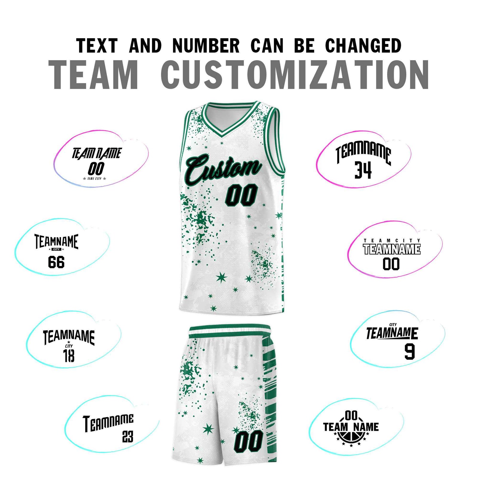 Custom White Kelly Green Vice Burst Galactic Graffiti Breathable Basketball Jersey