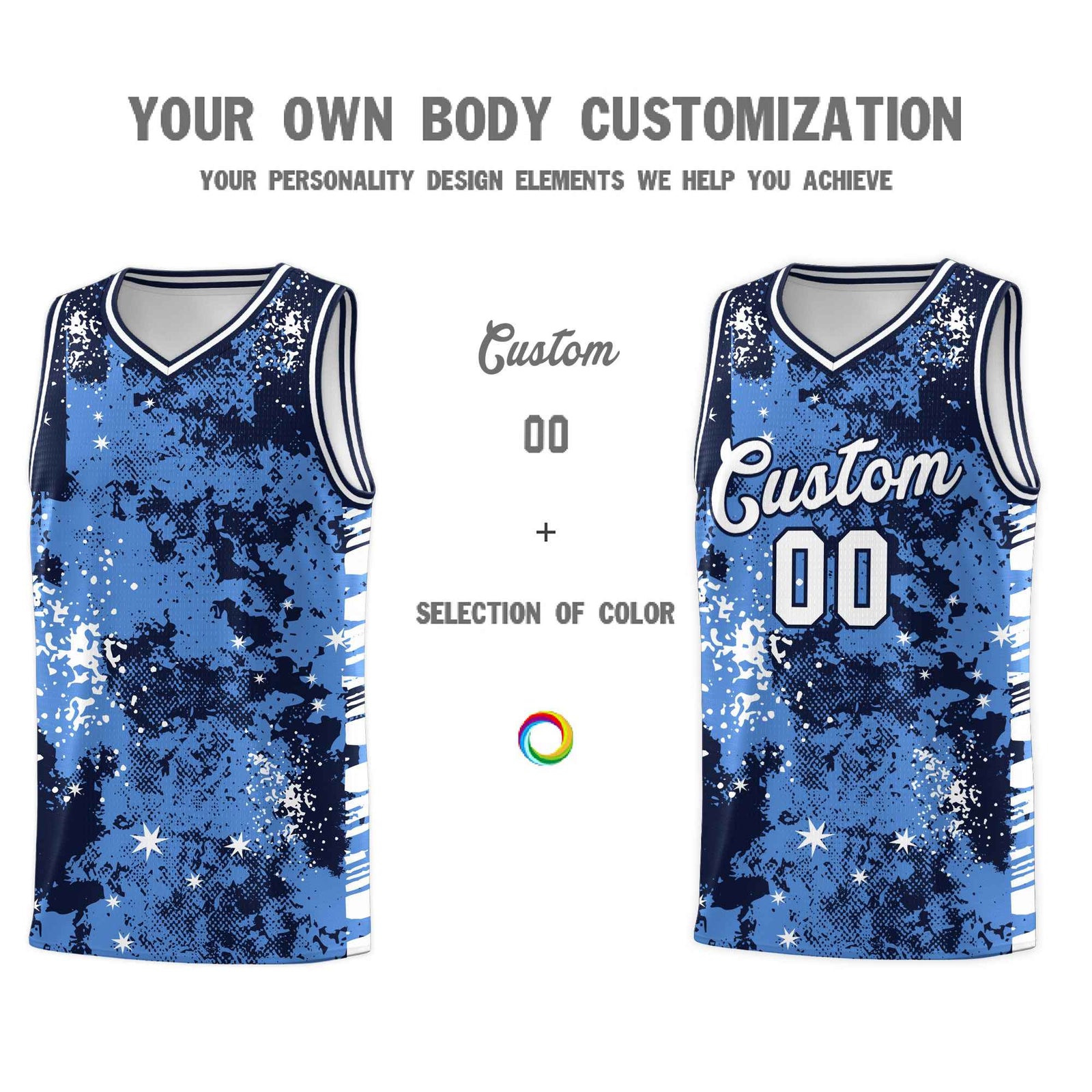 Custom Powder Blue Navy Vice Burst Galactic Graffiti Drapable Basketball Jersey