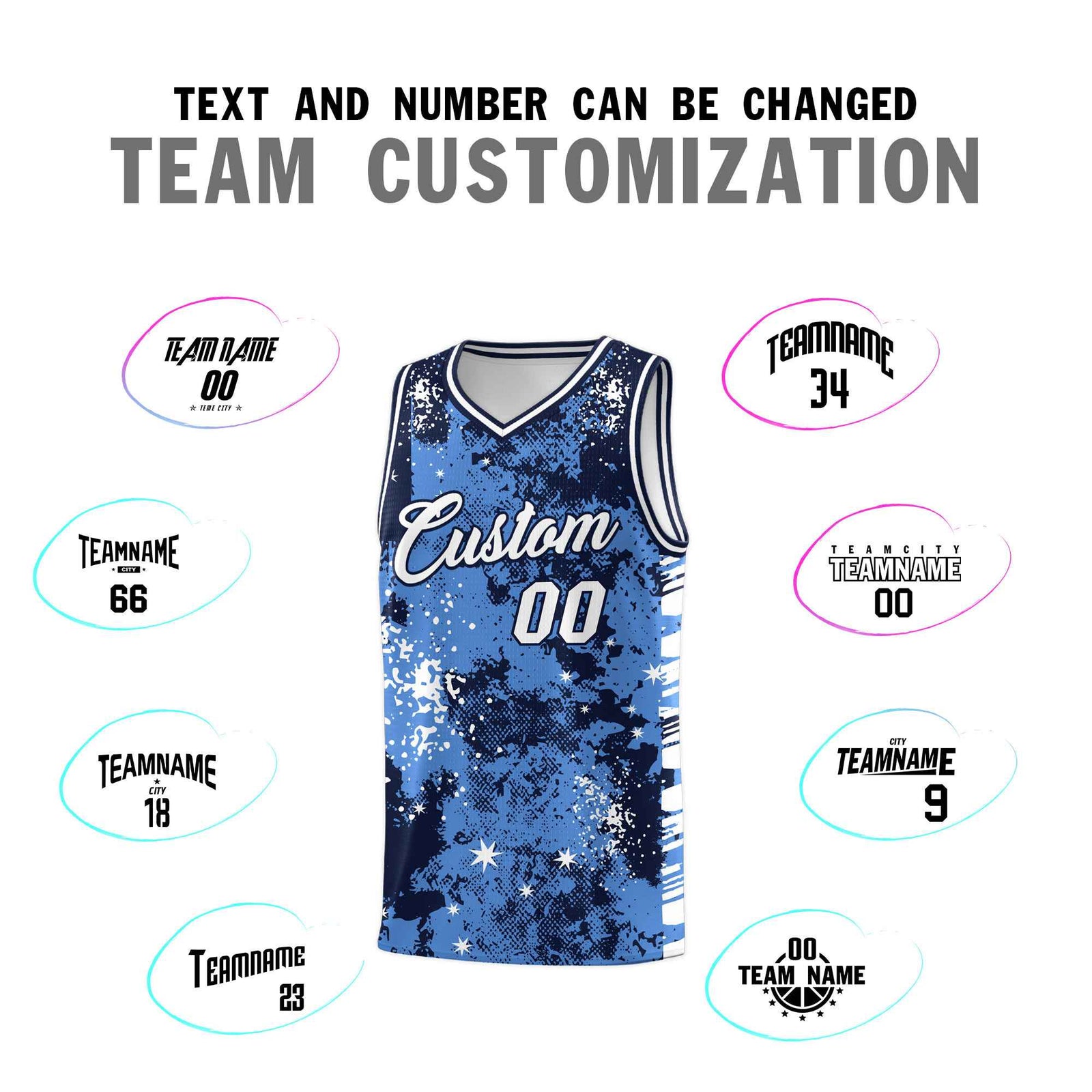 Custom Powder Blue Navy Vice Burst Galactic Graffiti Drapable Basketball Jersey