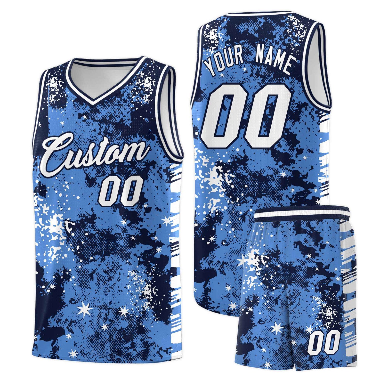 Custom Powder Blue Navy Vice Burst Galactic Graffiti Drapable Basketball Jersey