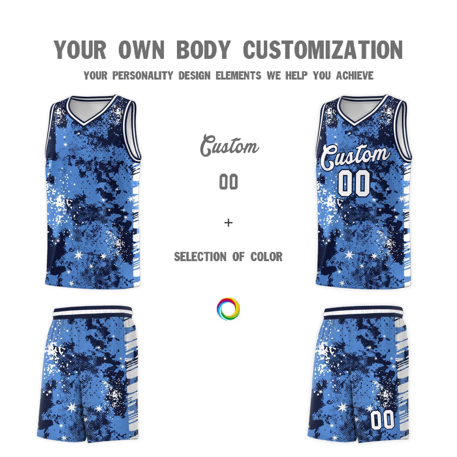 Custom Powder Blue Navy Vice Burst Galactic Graffiti Drapable Basketball Jersey