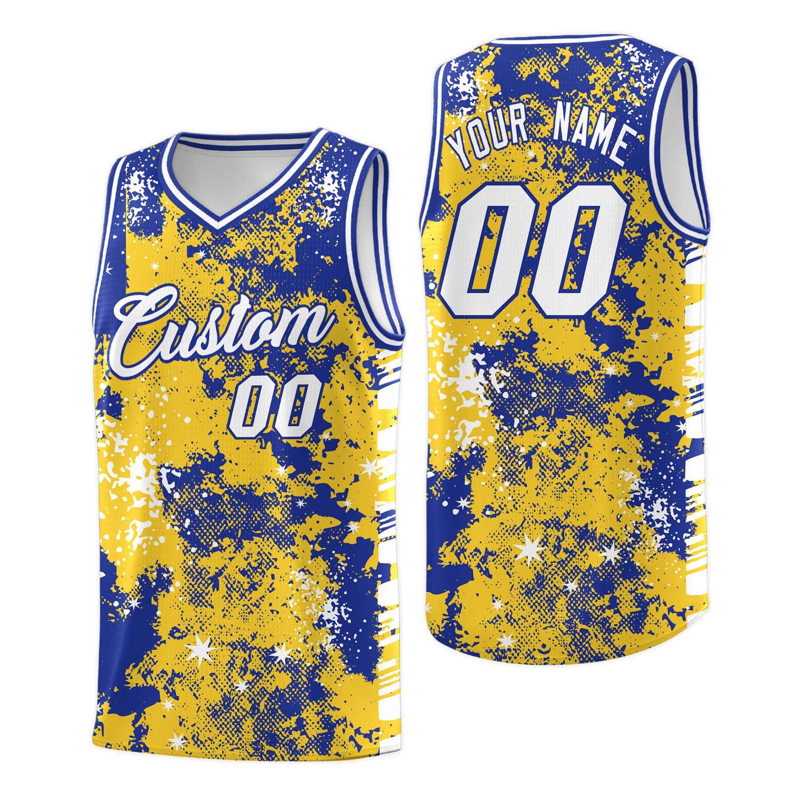 Custom Gold Royal Blue Vice Burst Galactic Graffiti Sublimation Printing Basketball Jersey