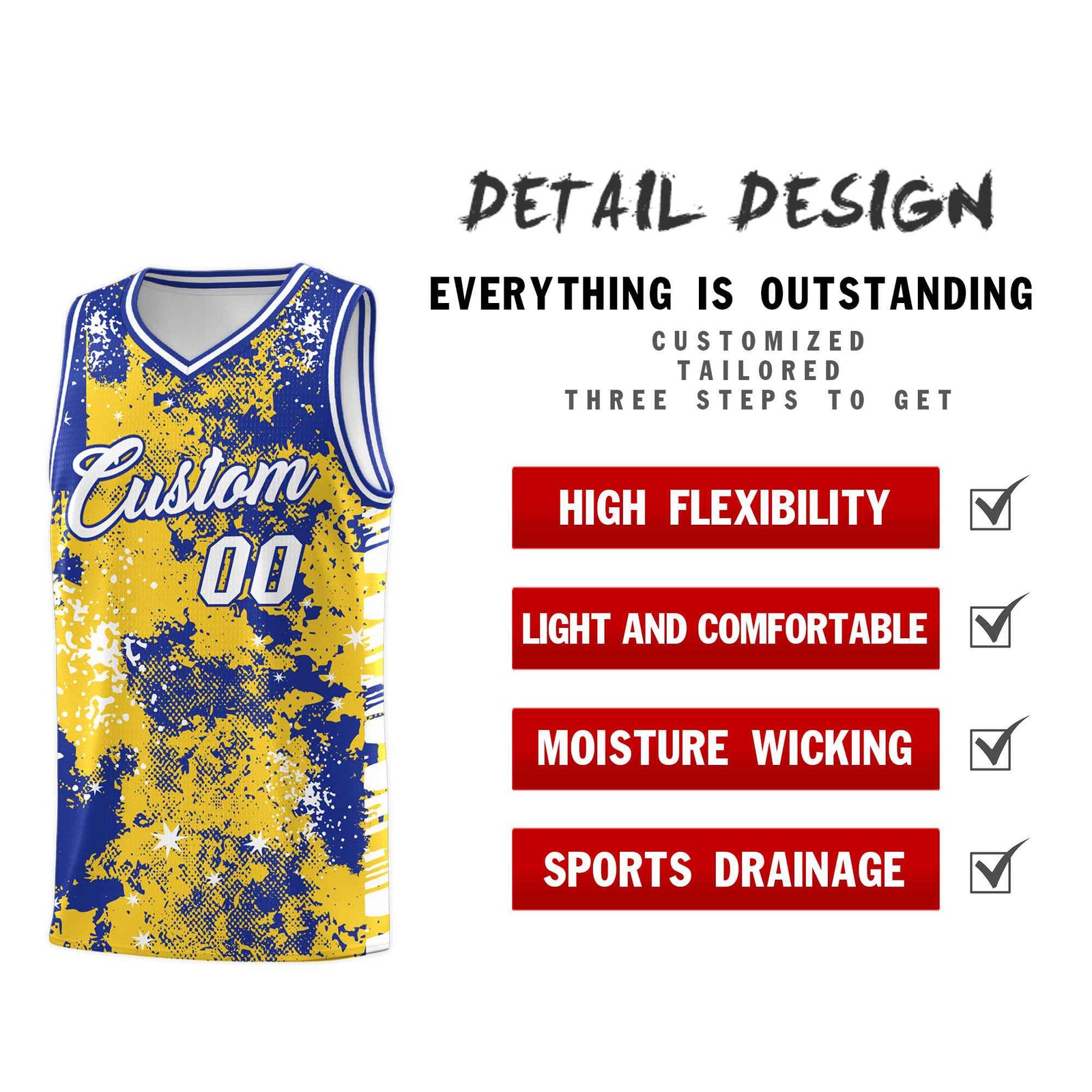 Custom Gold Royal Blue Vice Burst Galactic Graffiti Sublimation Printing Basketball Jersey